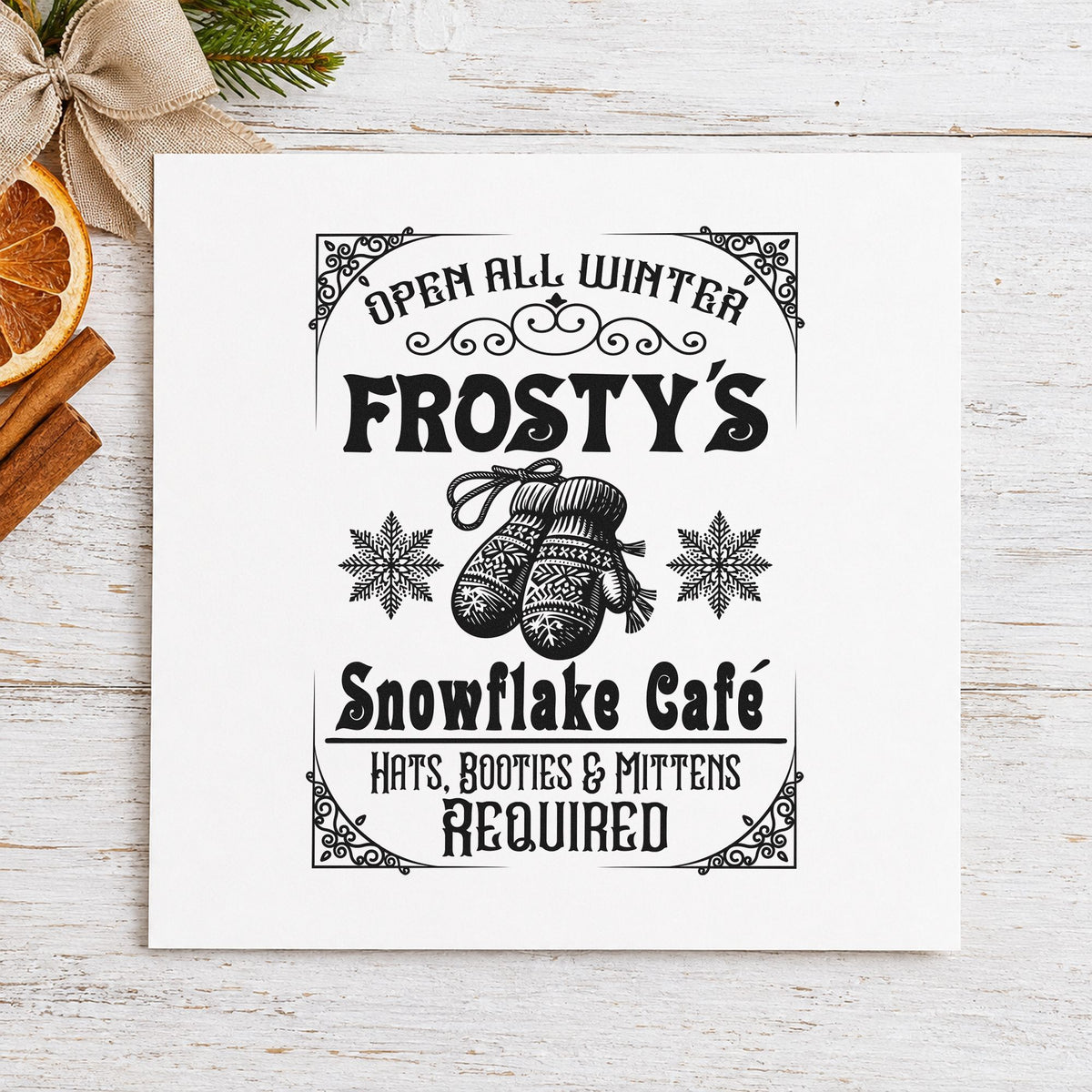 Frosty's Snowflake Cafe Sign rubber stamp printed in black ink, ready for house rule sheet and similar paper crafts.