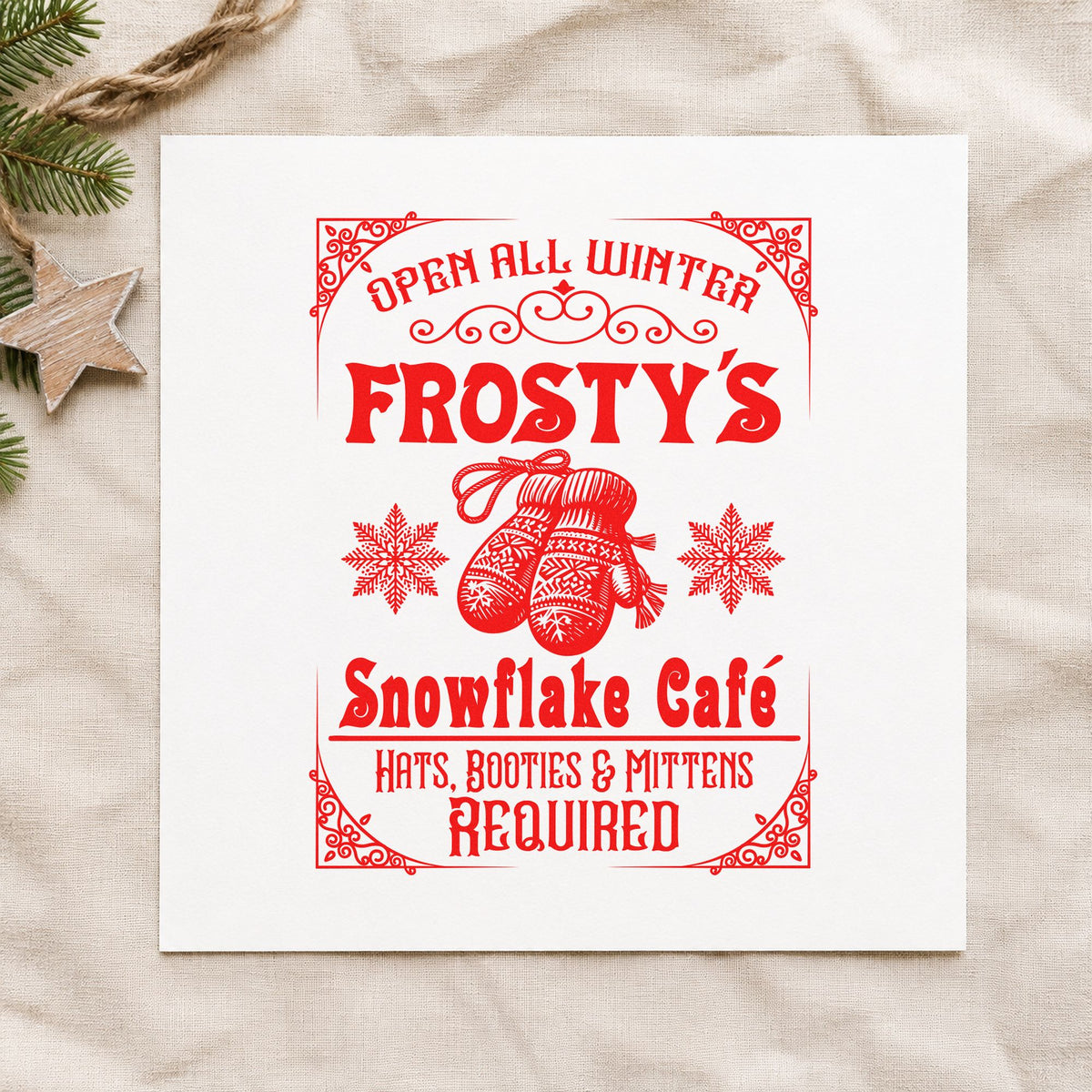 Frosty's Snowflake Cafe Sign craft stamp in red ink on cardstock, an easy option for mitten cuff printing.