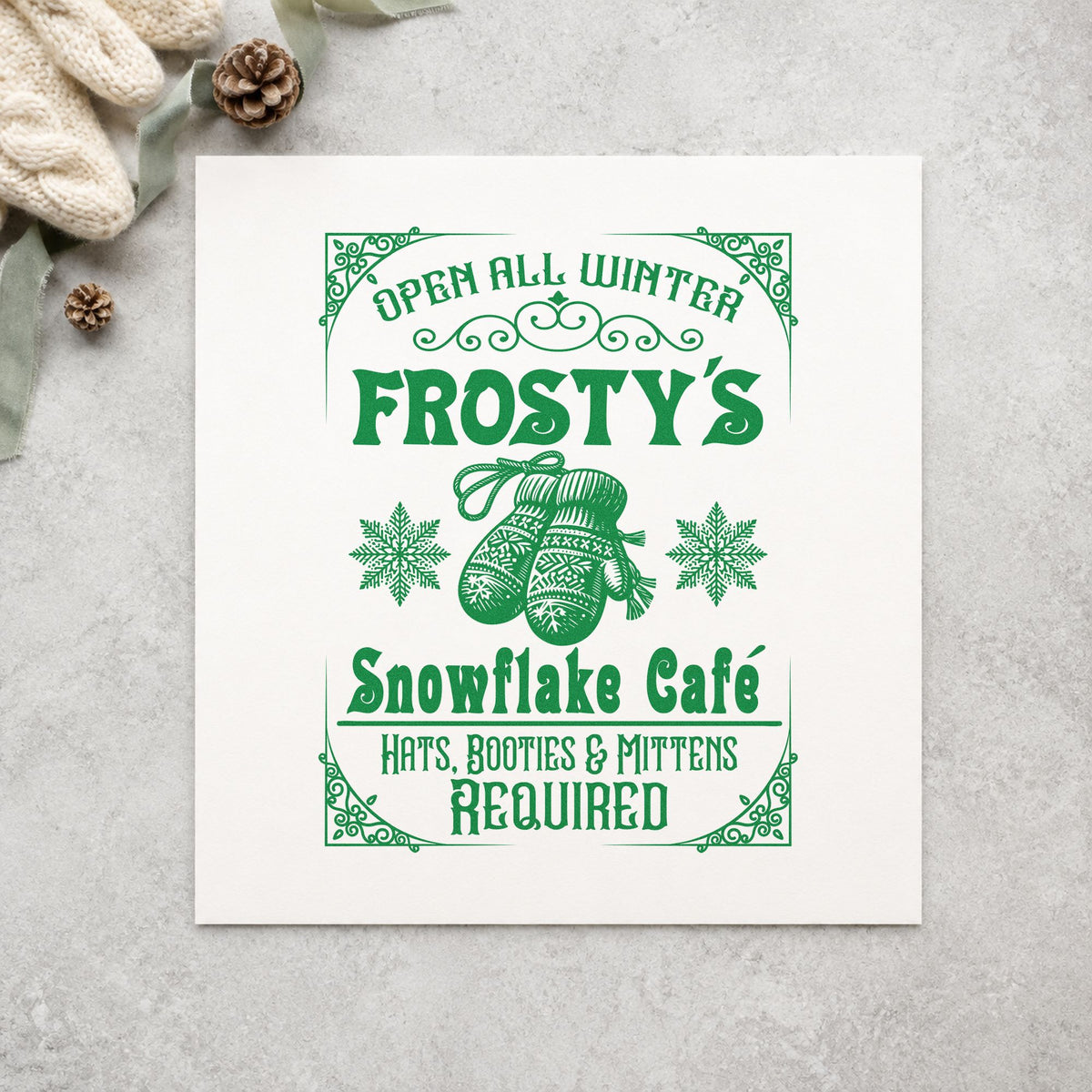 Frosty's Snowflake Cafe Sign craft stamp imprinted in green ink on paper, a design suited to framed entry door.