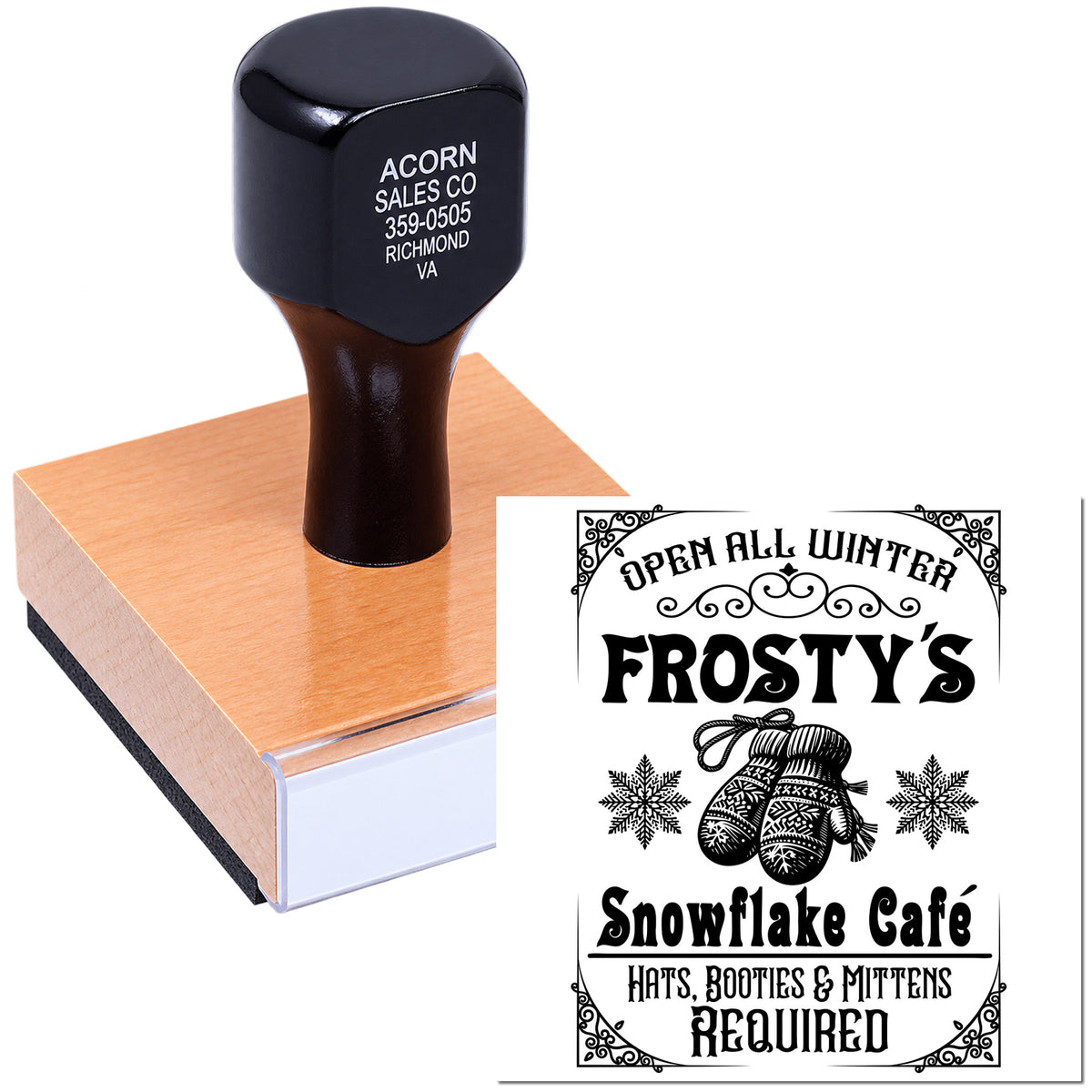 Custom rubber stamp for Frostys Snowflake Cafe, featuring an Open All Winter sign with hats, booties and mittens required.