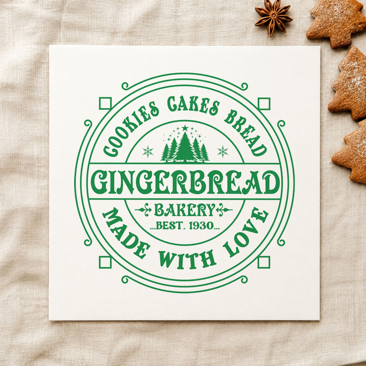 Gingerbread Bakery Made With Love craft stamp in green ink on cardstock, an easy option for recipe vault album.