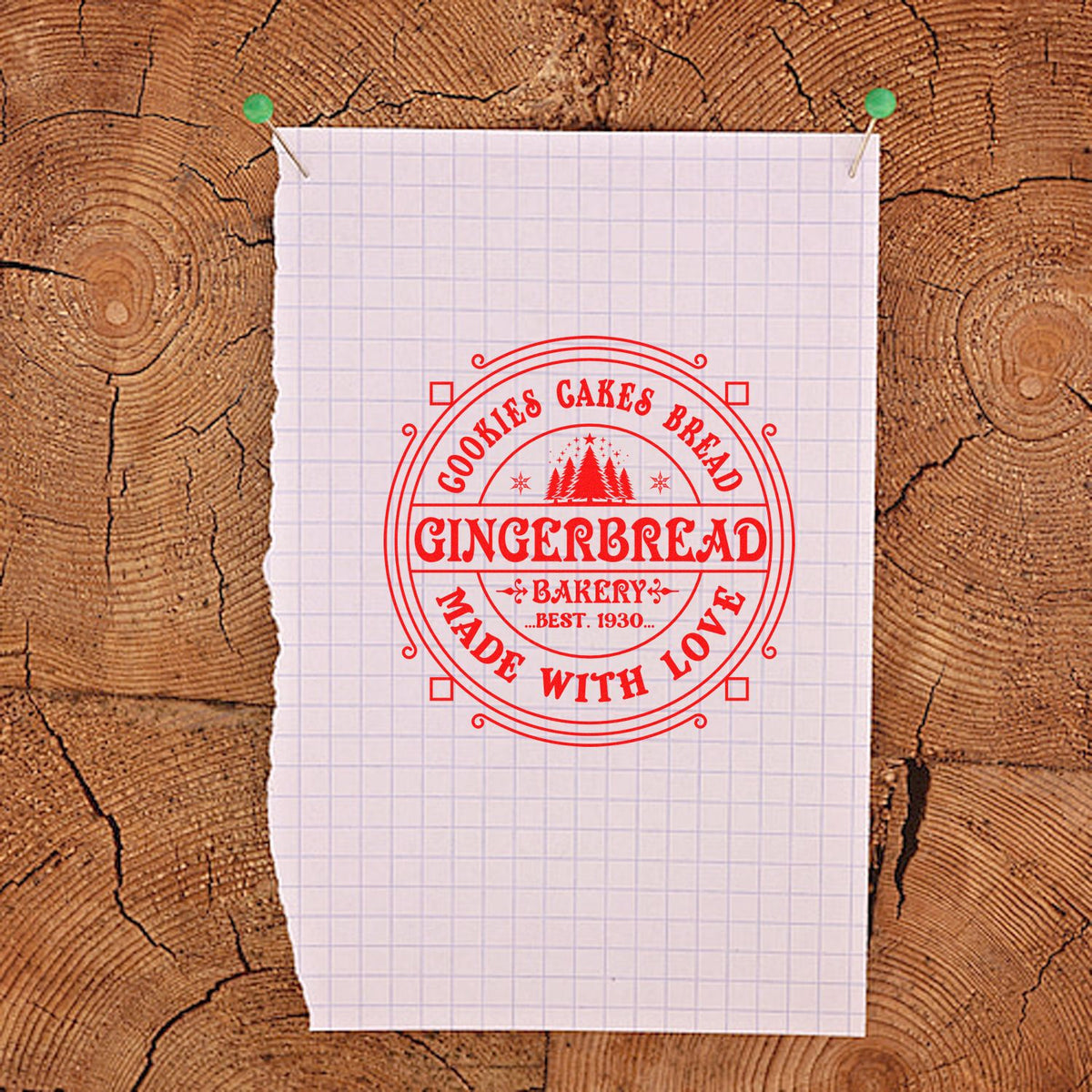 Gingerbread Bakery Made With Love rubber stamp shown in red ink, stamped for projects such as recipe vault album.