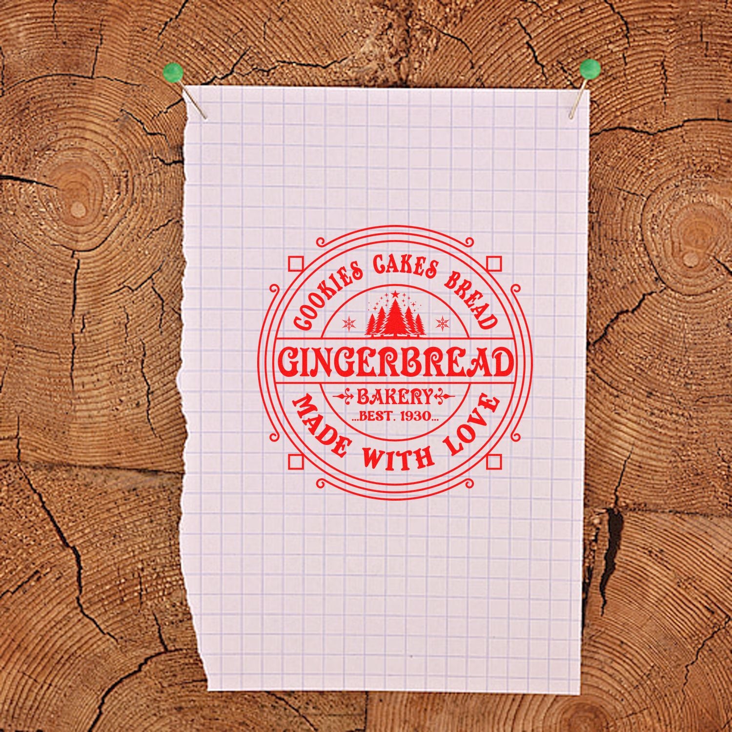 Custom gingerbread bakery rubber stamp design mockup on pinned paper, ideal for cookies, bread, and handmade packaging.