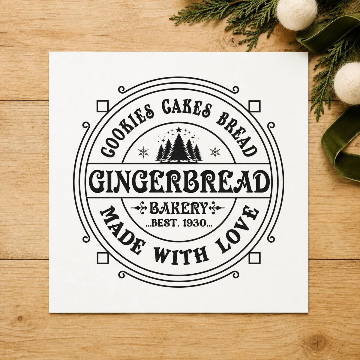 Gingerbread Bakery Made With Love rubber stamp printed in black ink, ready for legacy menu sheet and similar paper crafts.