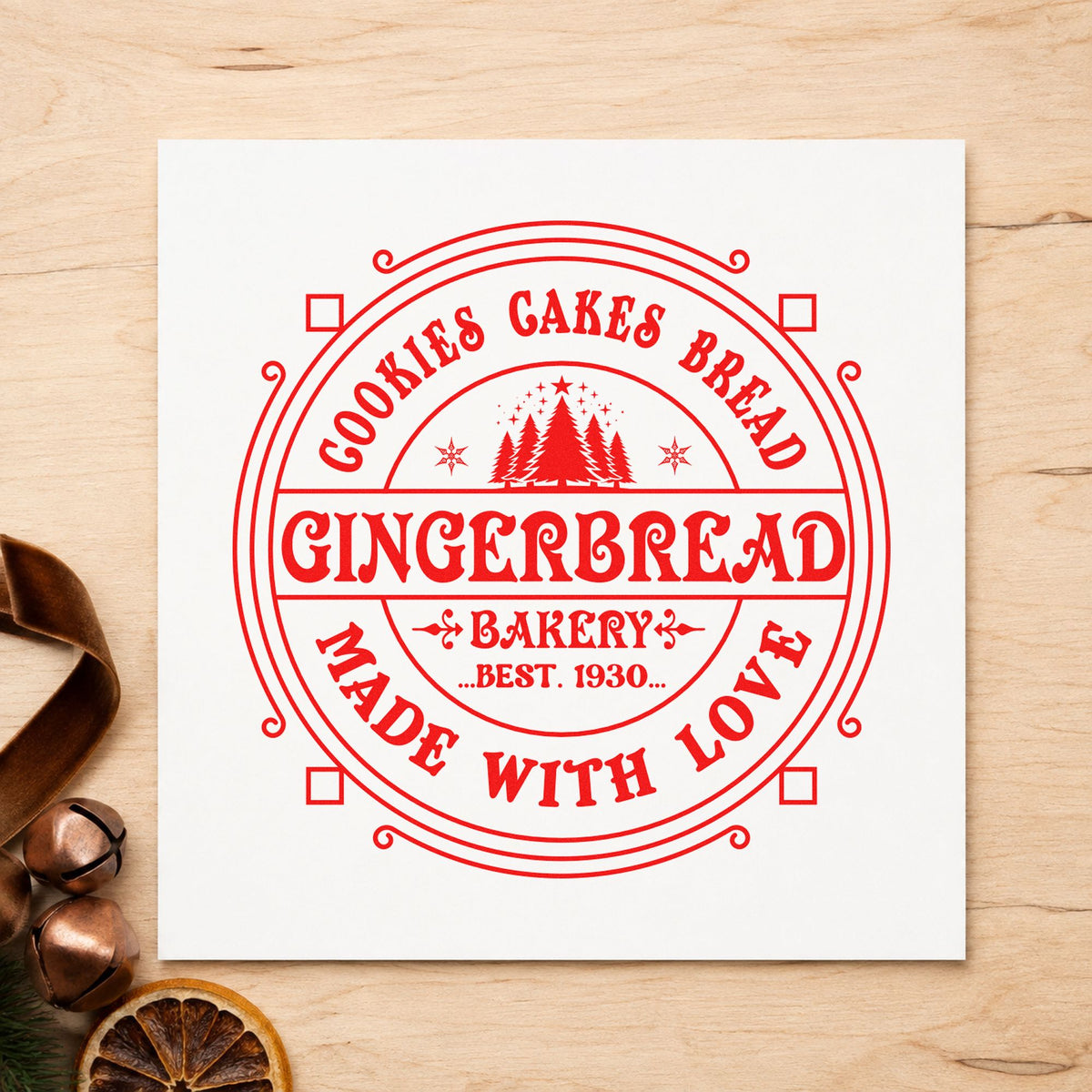 Gingerbread Bakery Made With Love craft stamp in red ink on cardstock, an easy option for sack seal printing.