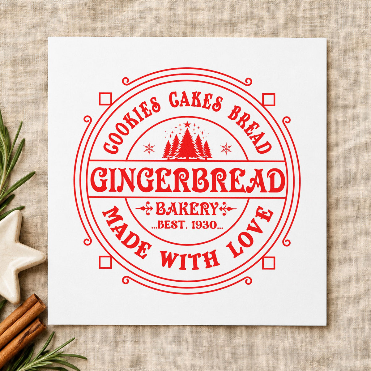 Gingerbread Bakery Made With Love rubber stamp shown in red ink, stamped for projects such as archive tin labels.