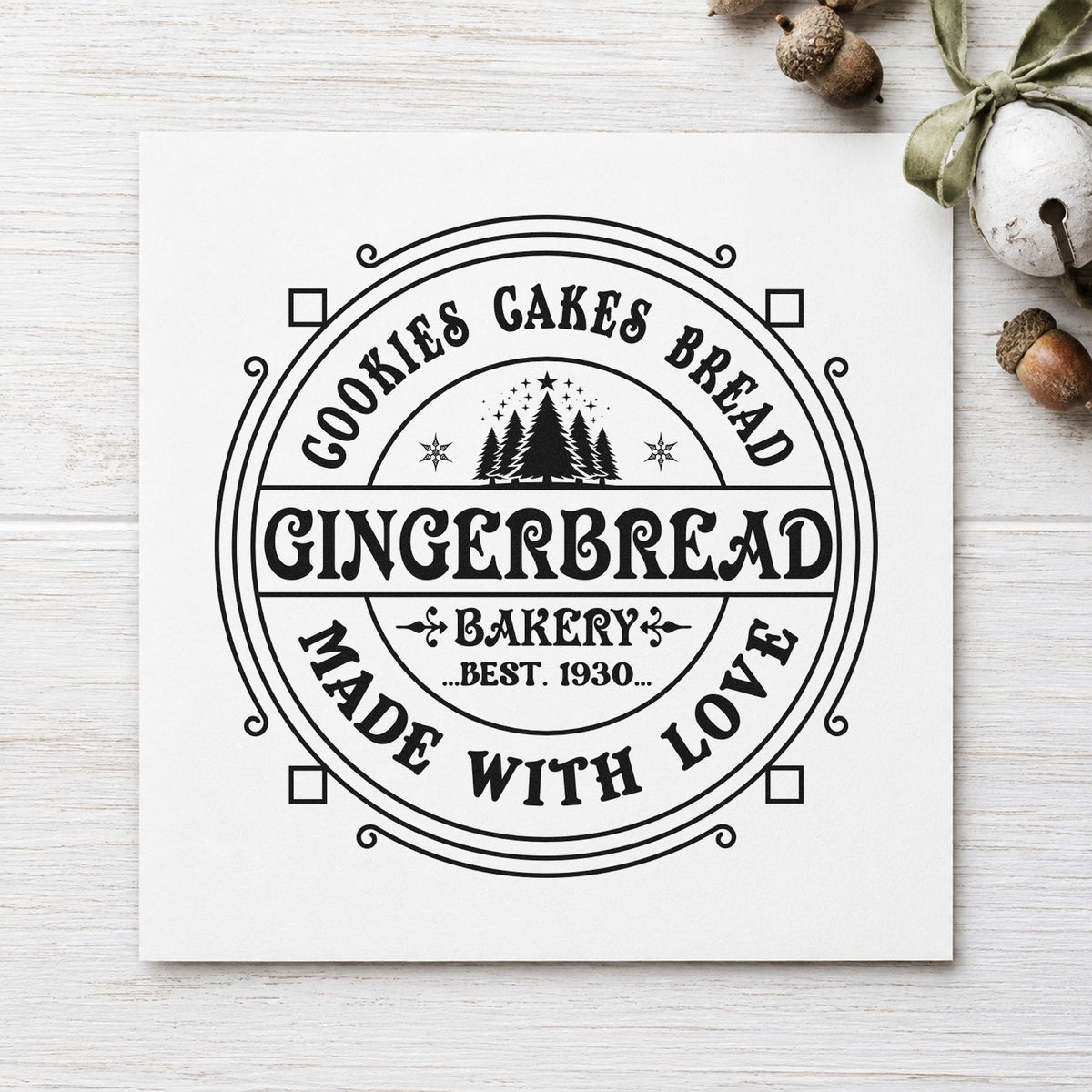 Gingerbread Bakery Made With Love rubber stamp printed in black ink, ready for round heritage cards and similar paper crafts.