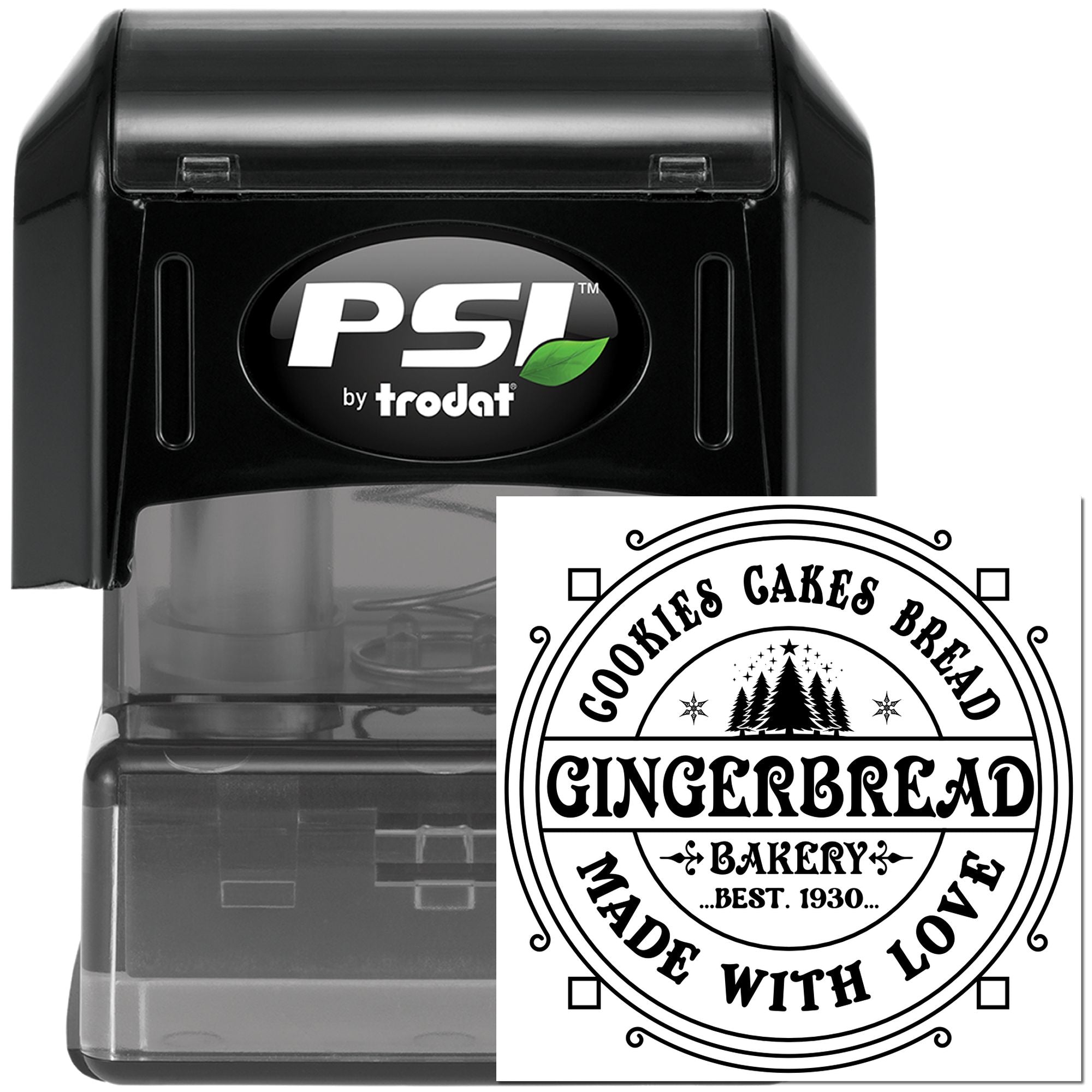 Self-inking PSI by Trodat rubber stamp with custom bakery logo for cookies, cakes, bread and gingerbread packaging.