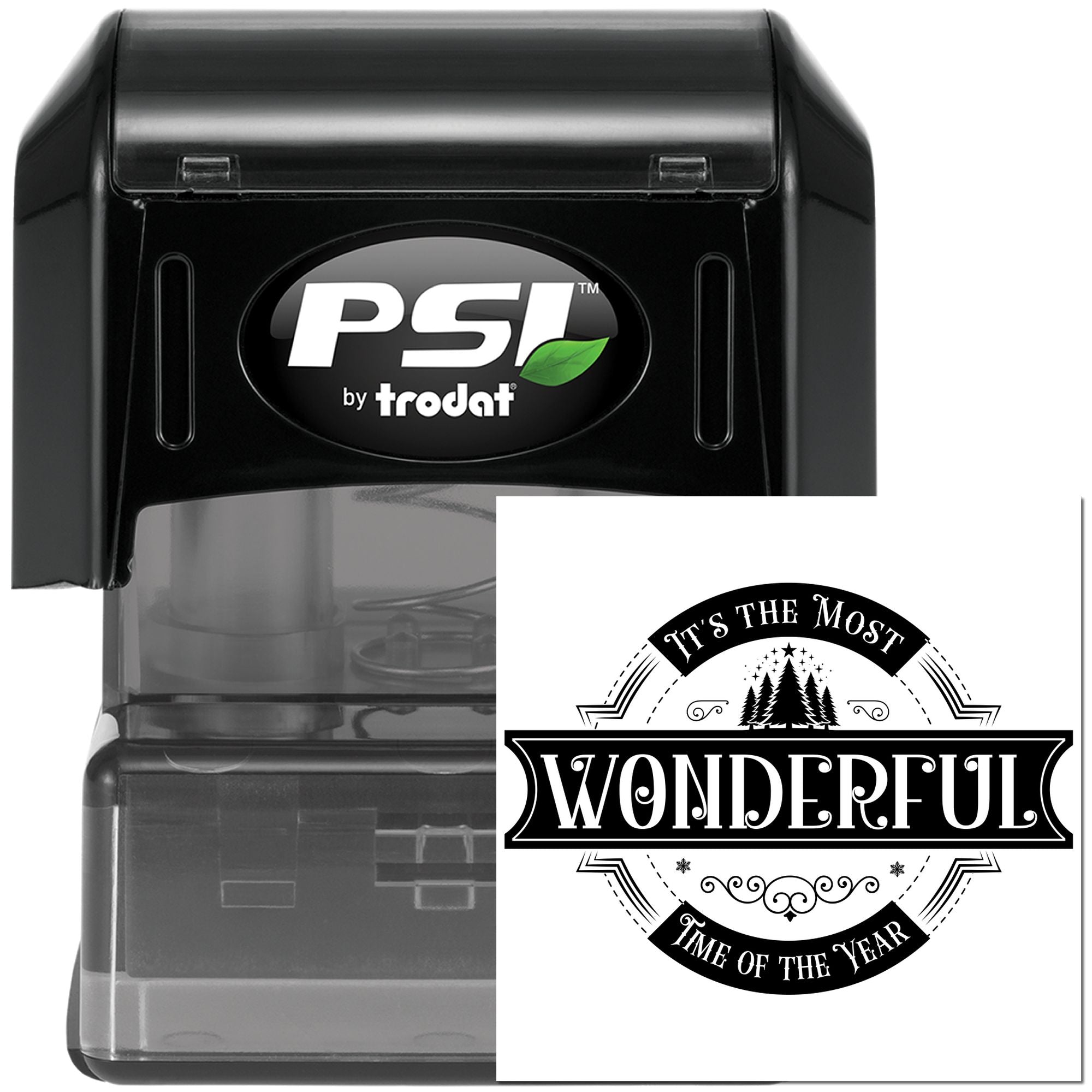 PSI by Trodat self-inking rubber stamp with holiday design reading Its the most wonderful time of the year for custom stamping.