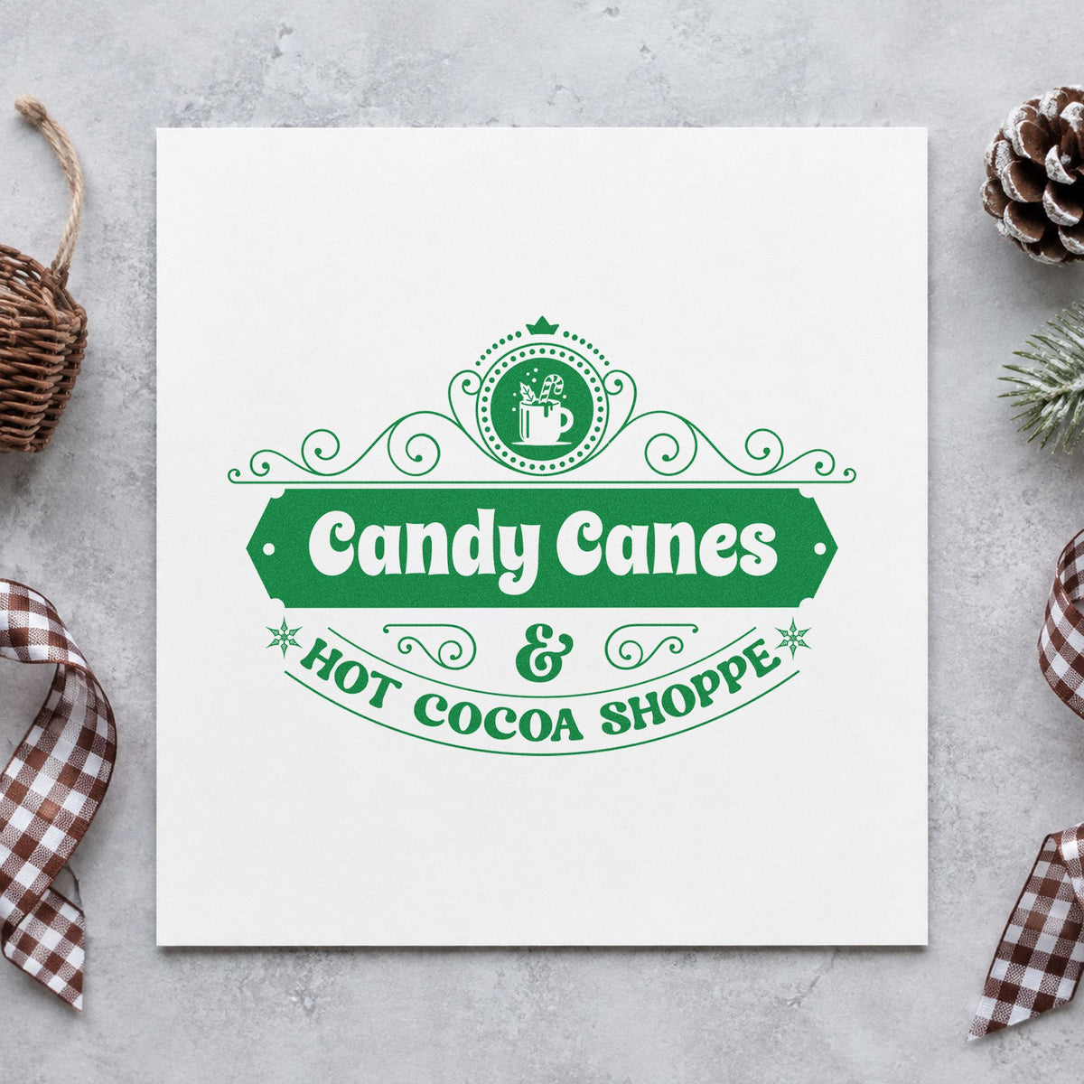 Candy Canes Hot Cocoa Shoppe craft stamp in green ink on cardstock, an easy option for sweets album page.