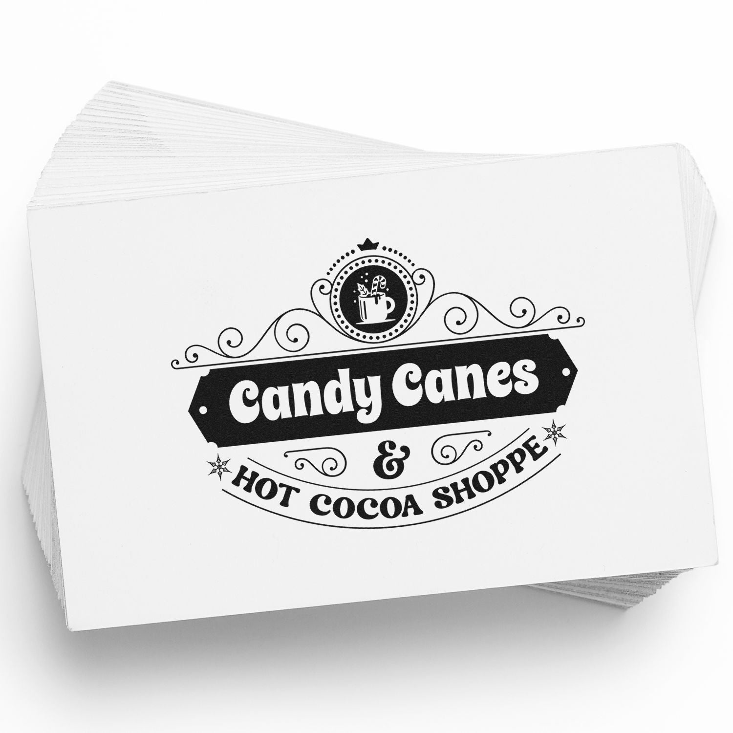 Custom rubber stamp design for a Candy Canes & Hot Cocoa Shoppe holiday label with vintage cocoa mug and festive lettering.