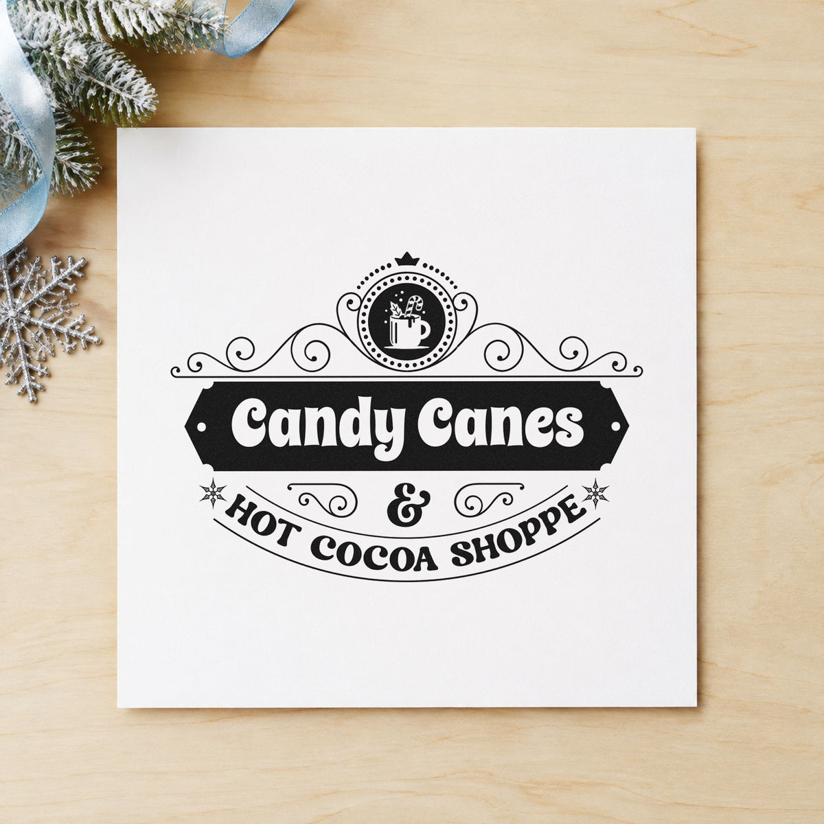 Candy Canes Hot Cocoa Shoppe rubber stamp printed in black ink, ready for flavor menu sheet and similar paper crafts.