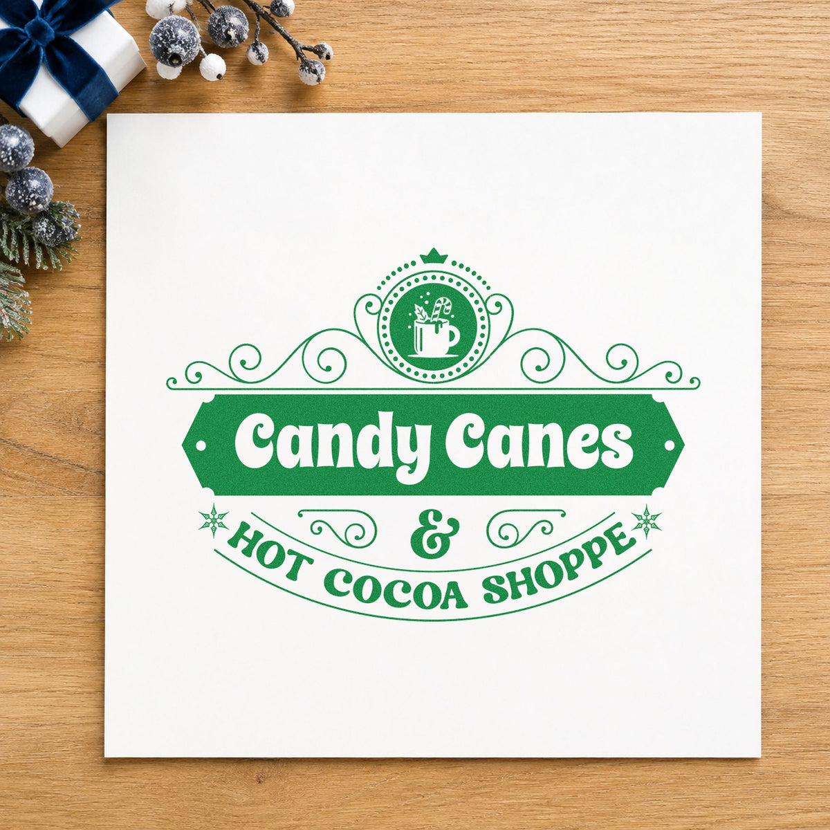 Candy Canes Hot Cocoa Shoppe craft stamp imprint in green ink on a handmade project, one idea being gift box inserts.