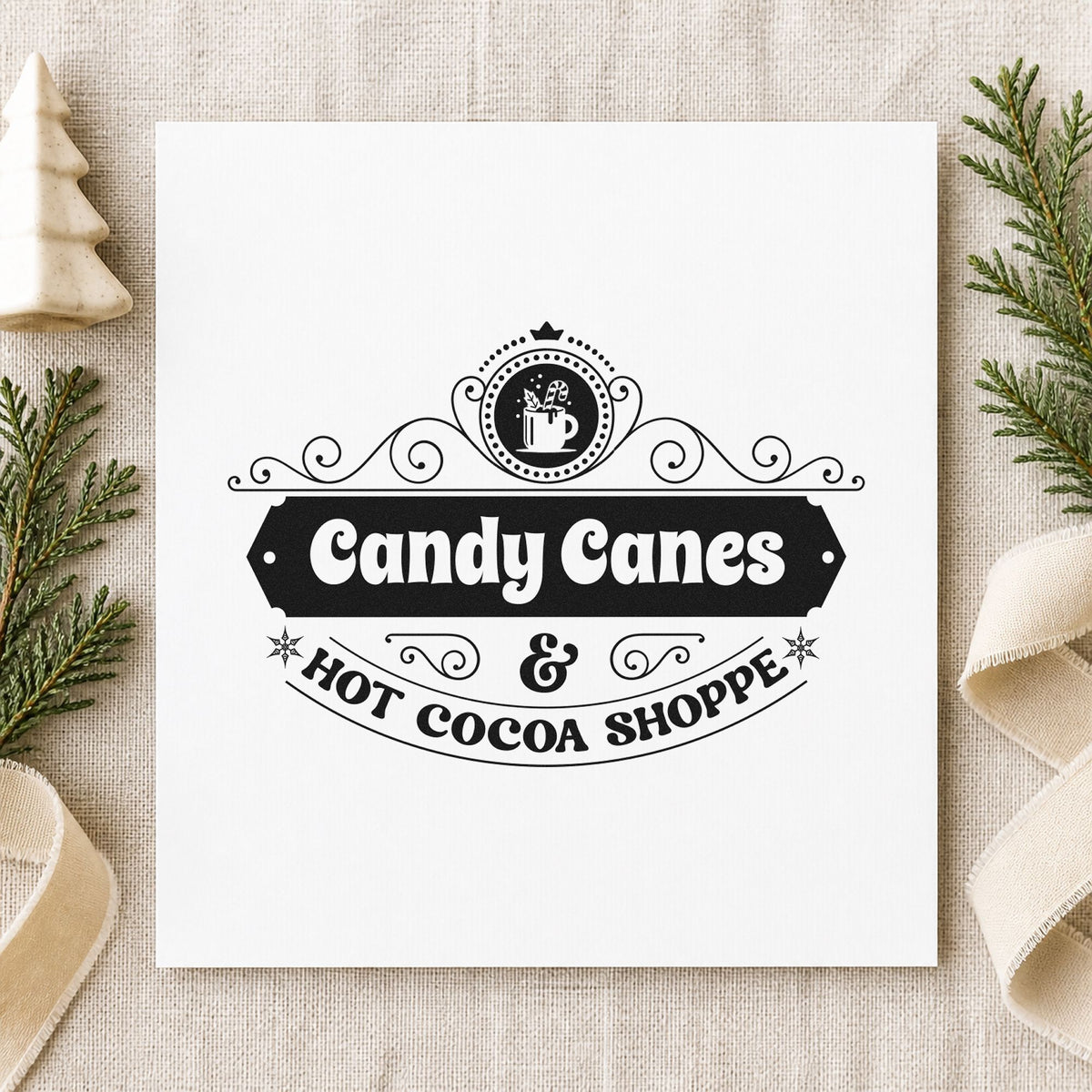 Candy Canes Hot Cocoa Shoppe rubber stamp printed in black ink, ready for shoppe emblem cards and similar paper crafts.
