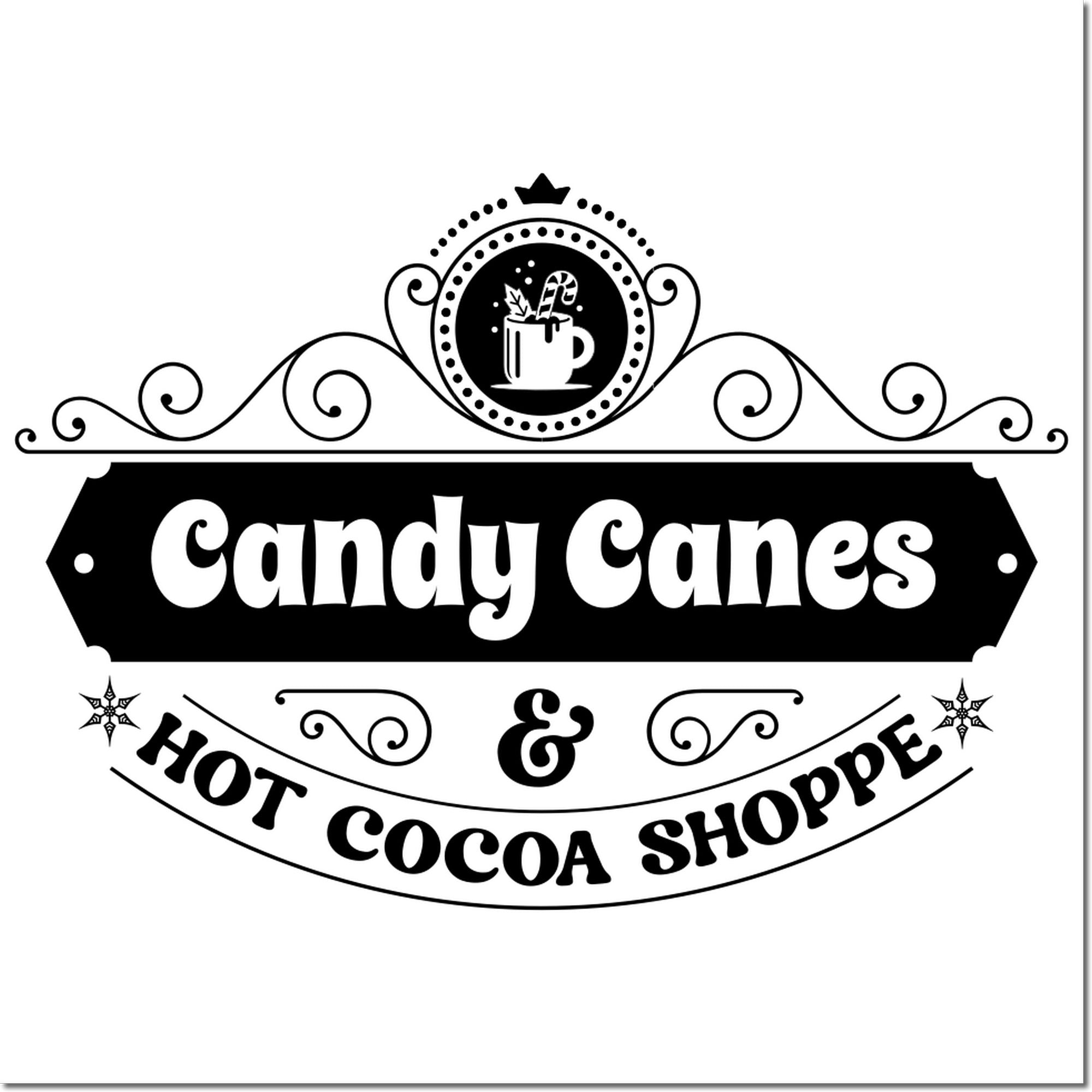 Candy Canes & Hot Cocoa Shoppe Christmas rubber stamp design with festive cocoa mug and decorative vintage lettering.