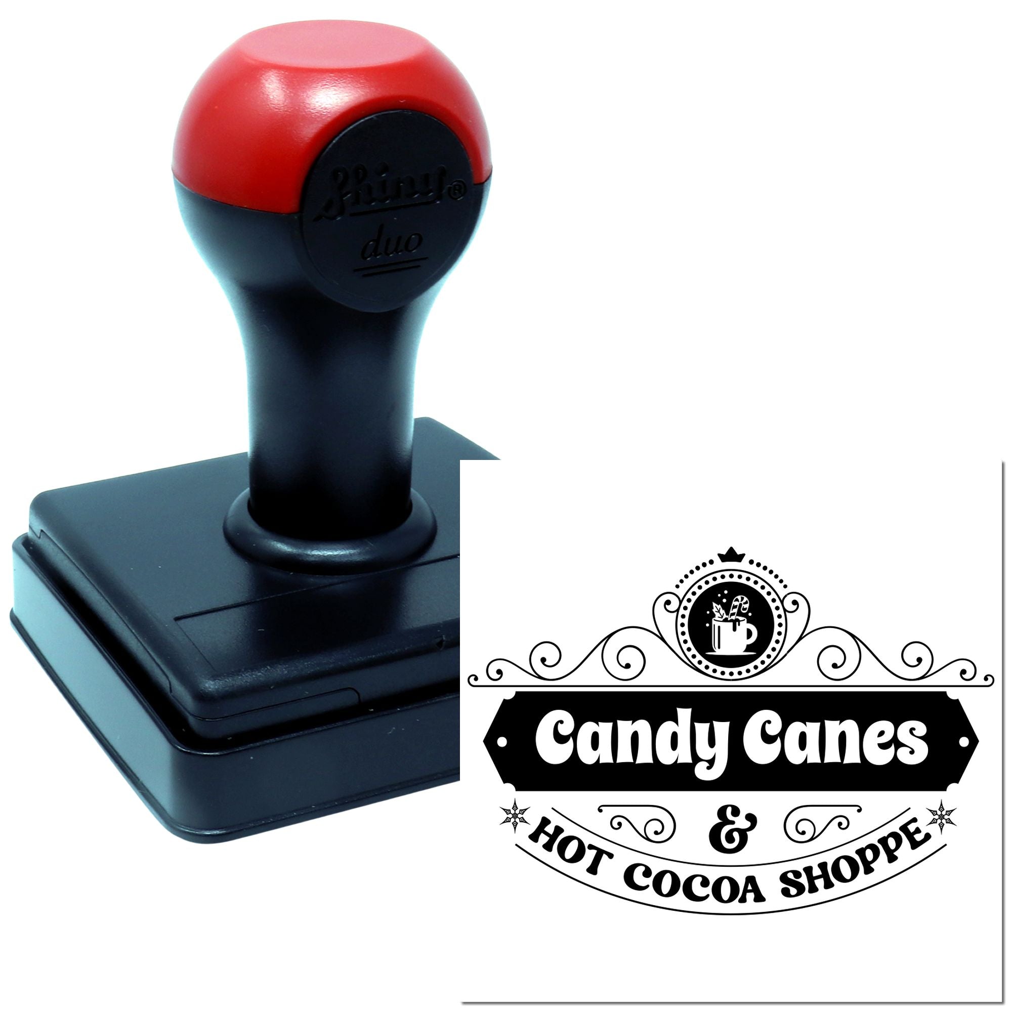 Custom self-inking rubber stamp for Candy Canes & Hot Cocoa Shoppe, ideal for branding hot cocoa and holiday treats.