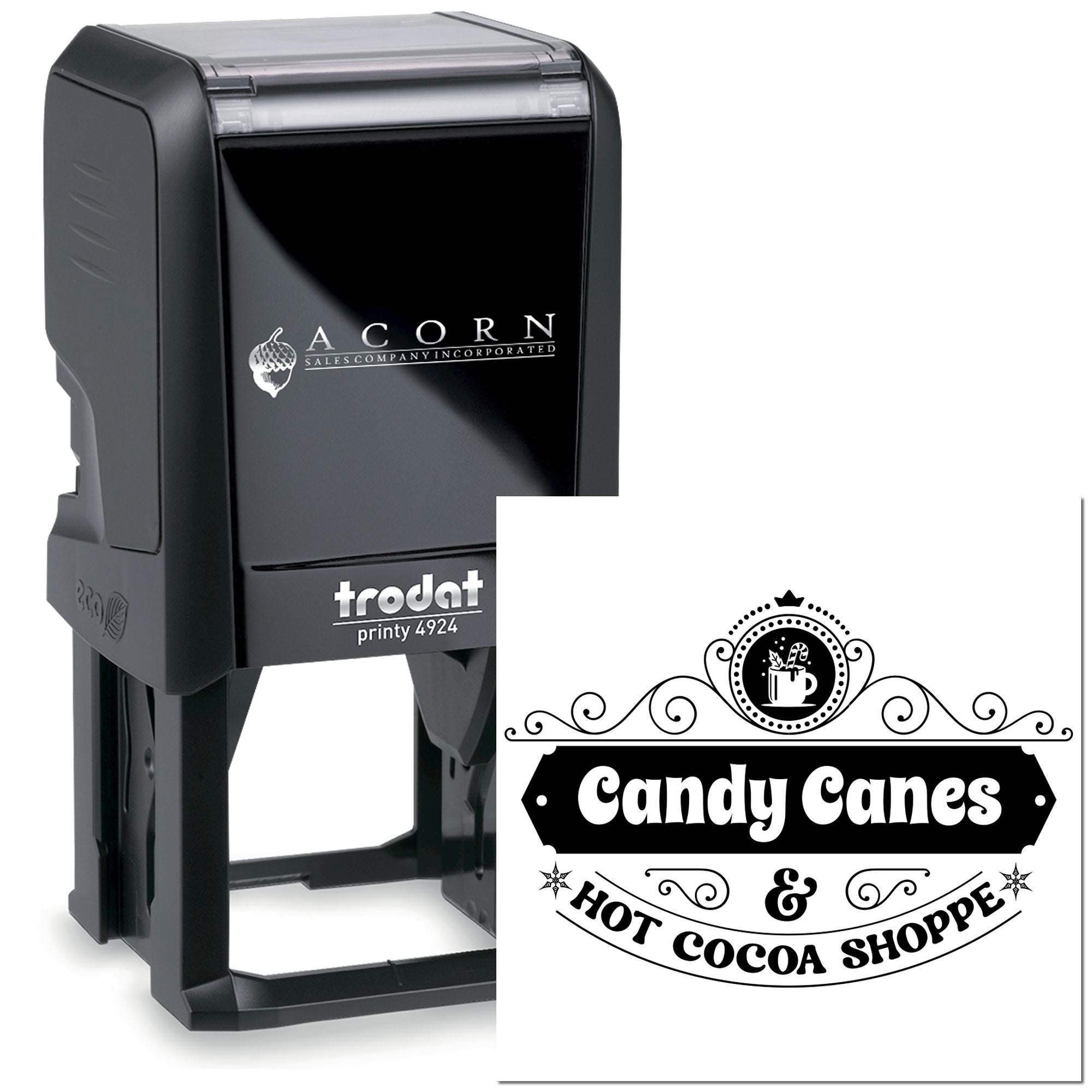 Custom self-inking rubber stamp with Candy Canes & Hot Cocoa Shoppe logo, ideal for holiday business branding.