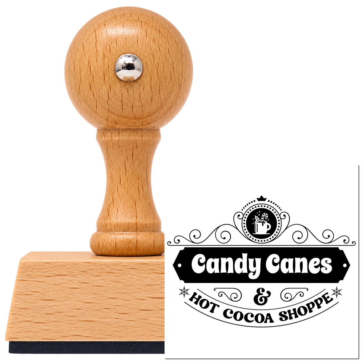 Candy Canes & Hot Cocoa Shoppe Vintage Pro rubber stamp in European beech wood with a round knob handle, shown beside its black imprint.