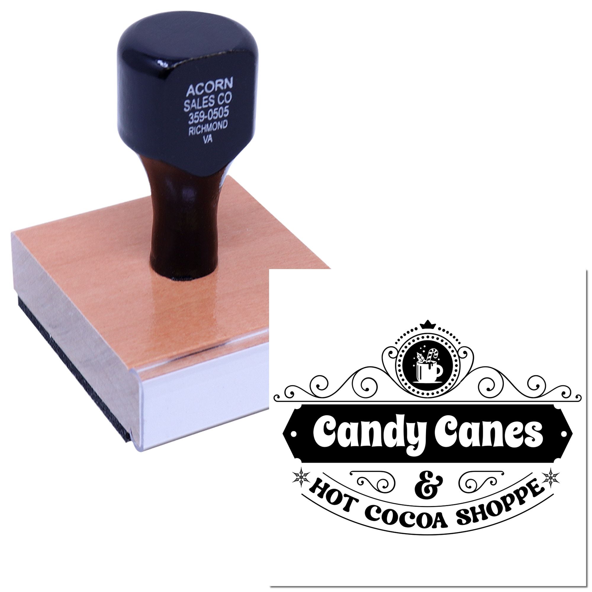 Custom rubber stamp for Candy Canes & Hot Cocoa Shoppe logo, ideal for caf packaging, bakery bags, and holiday branding.
