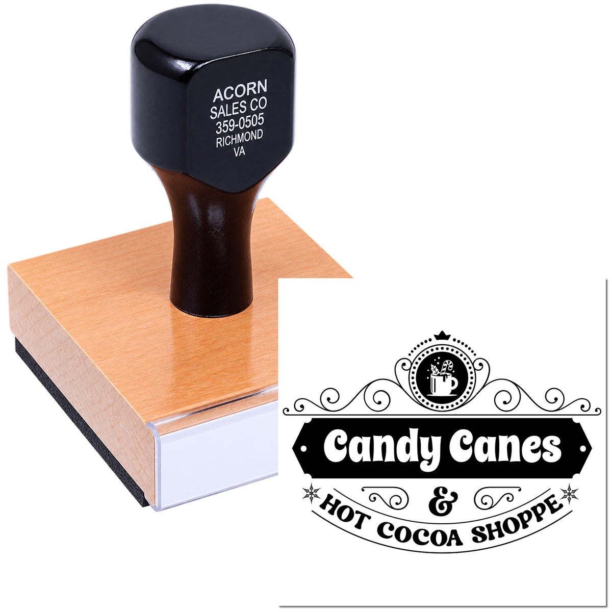 Custom rubber stamp for Candy Canes & Hot Cocoa Shoppe logo, ideal for caf packaging, bakery bags, and holiday branding.