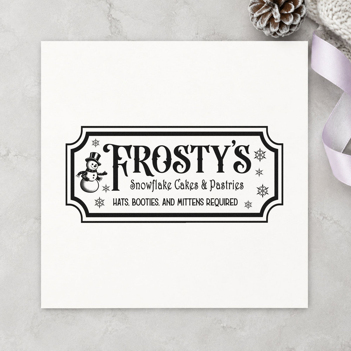 Frosty's Snowflake Cafe Pastries rubber stamp printed in black ink, ready for morning bake sheet and similar paper crafts.