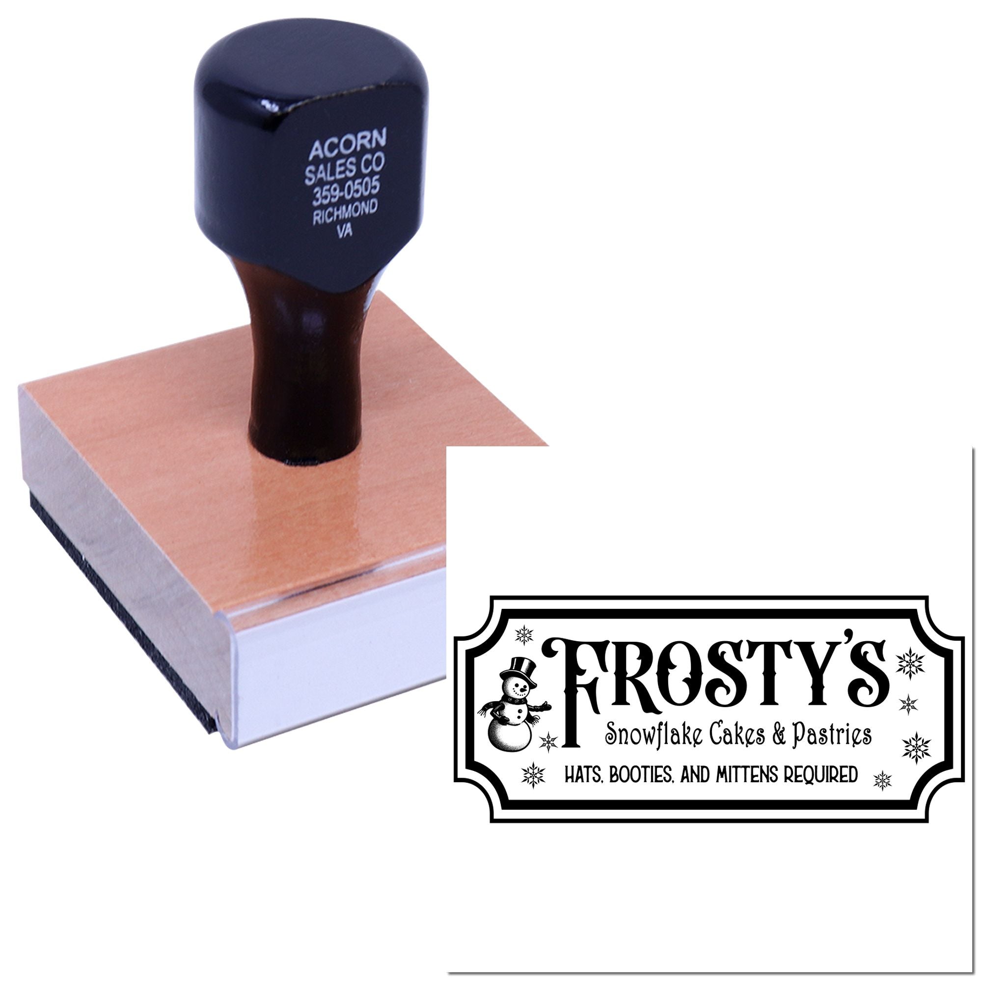 Custom bakery rubber stamp for Frosty's Snowflake Cakes & Pastries with winter-themed logo and event message.