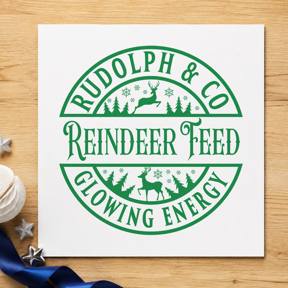 Rudolph Reindeer Feed Badge craft stamp in green ink on cardstock, an easy option for barn album page.
