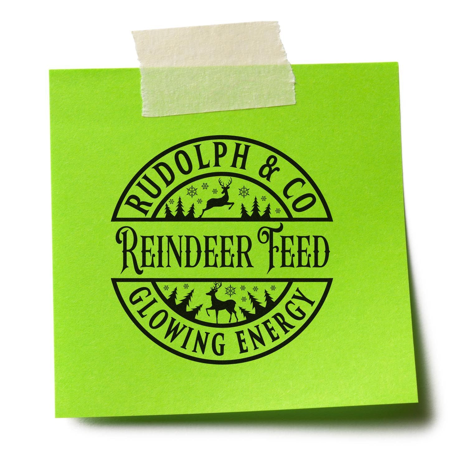 Custom Christmas rubber stamp for Rudolph & Co Reindeer Feed, featuring a festive reindeer logo for holiday packaging and notes.