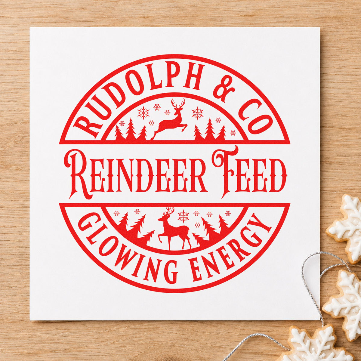 Rudolph Reindeer Feed Badge rubber stamp shown in red ink, stamped for projects such as scoop bin labels.