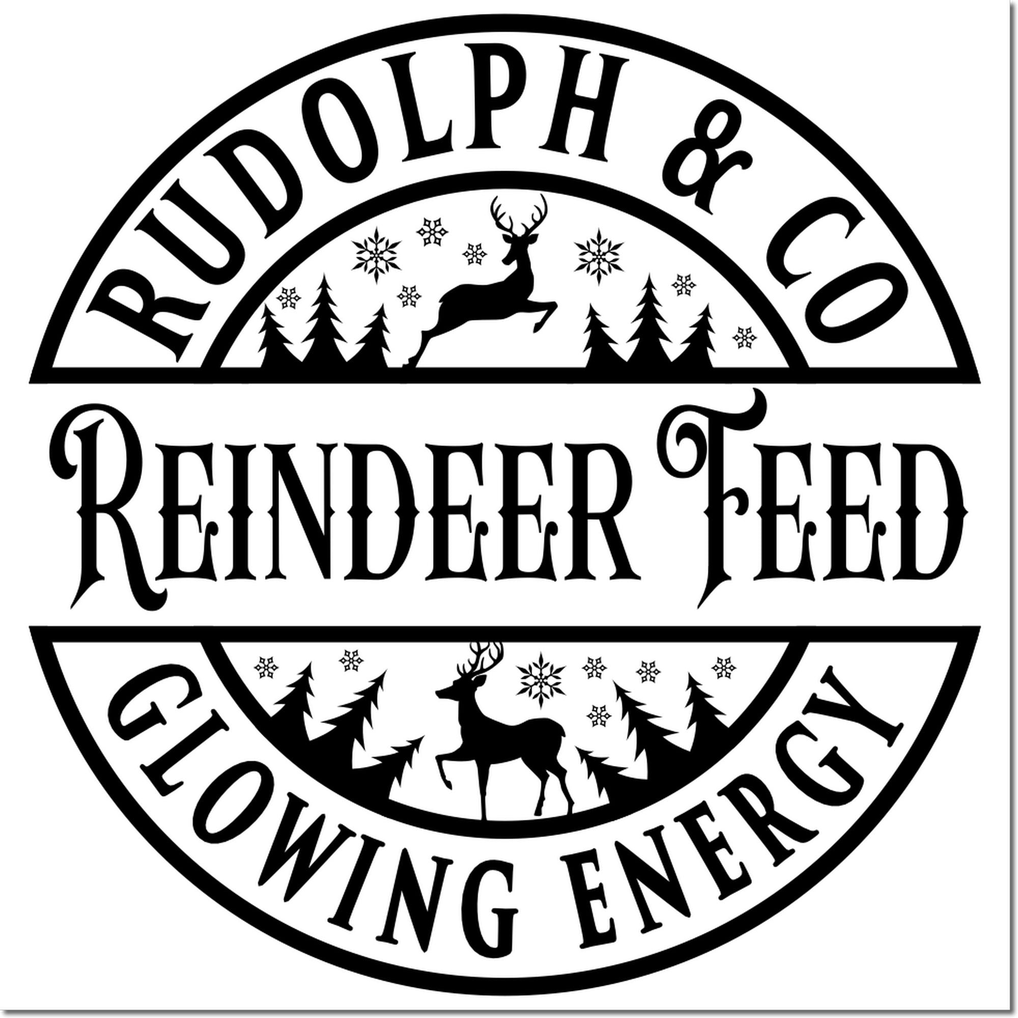 Custom Christmas rubber stamp design for Rudolph & Co Reindeer Feed, featuring deer, trees, and snowflakes.