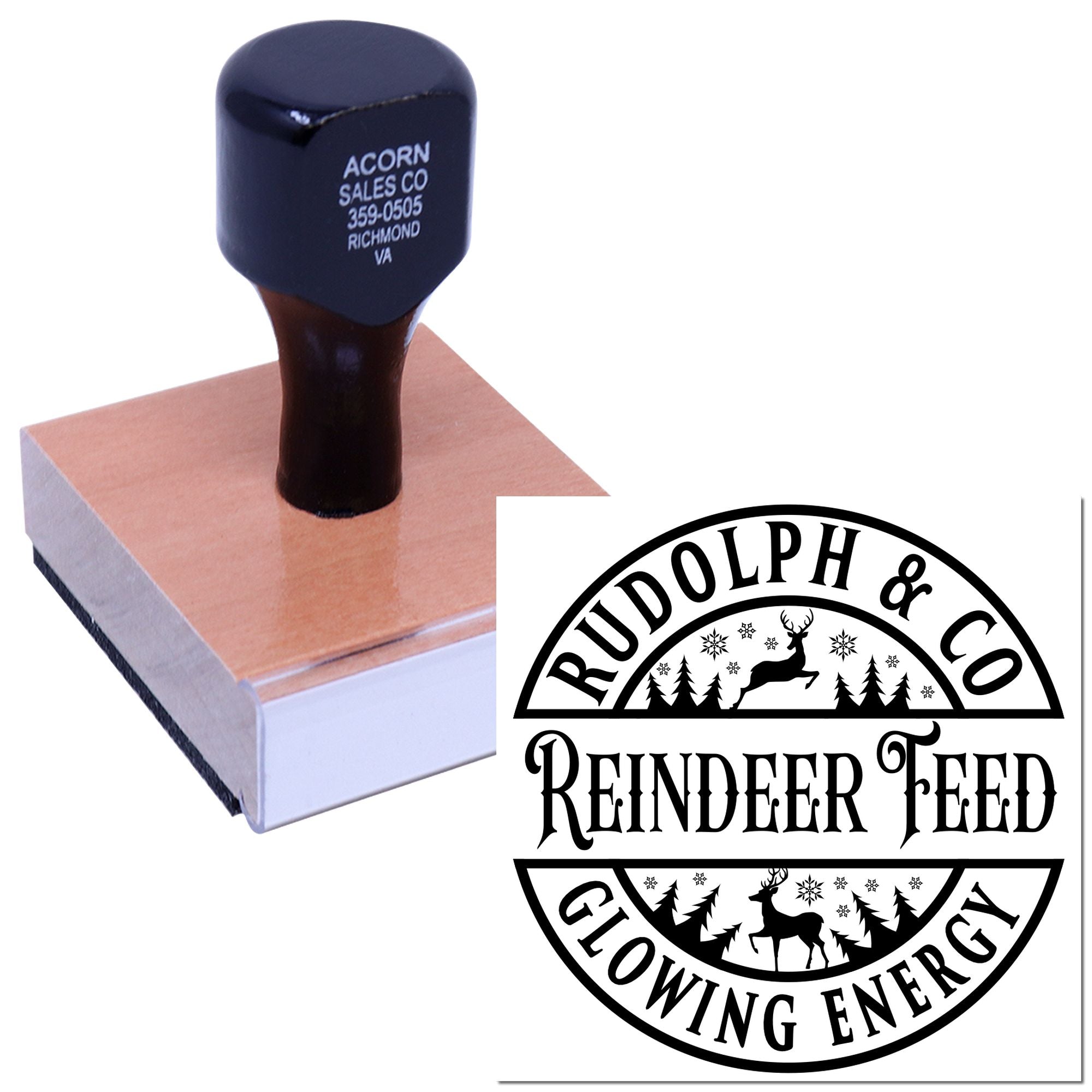 Custom rubber stamp with Rudolph & Co Reindeer Feed logo for branding packaging and product labeling