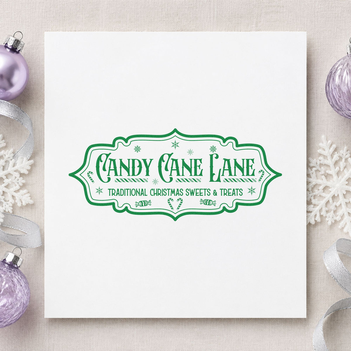 Candy Cane Lane Vintage Sign craft stamp in green ink on cardstock, an easy option for street album page.