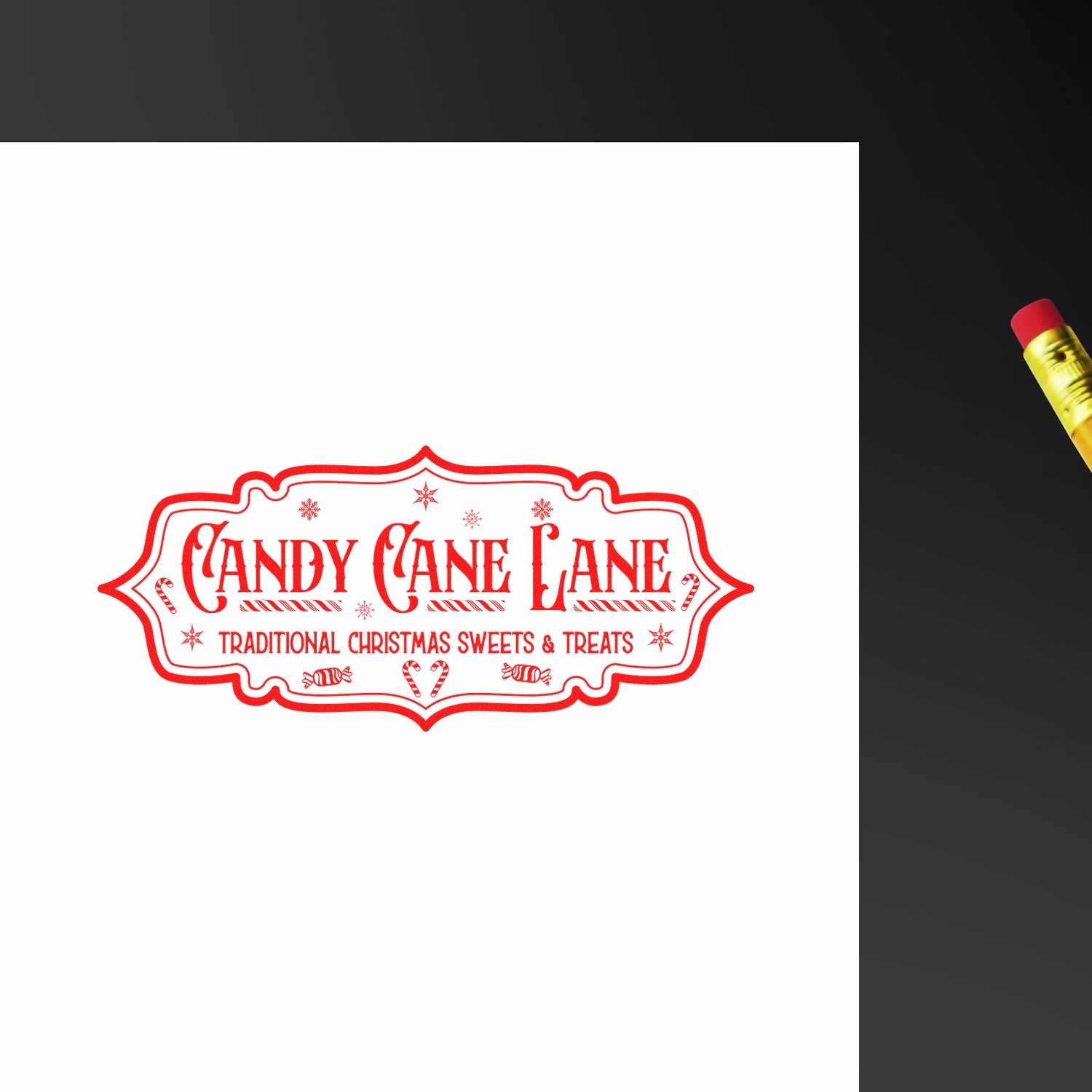 Candy Cane Lane Christmas rubber stamp design with festive candy canes and snowflakes for traditional sweets and treats.