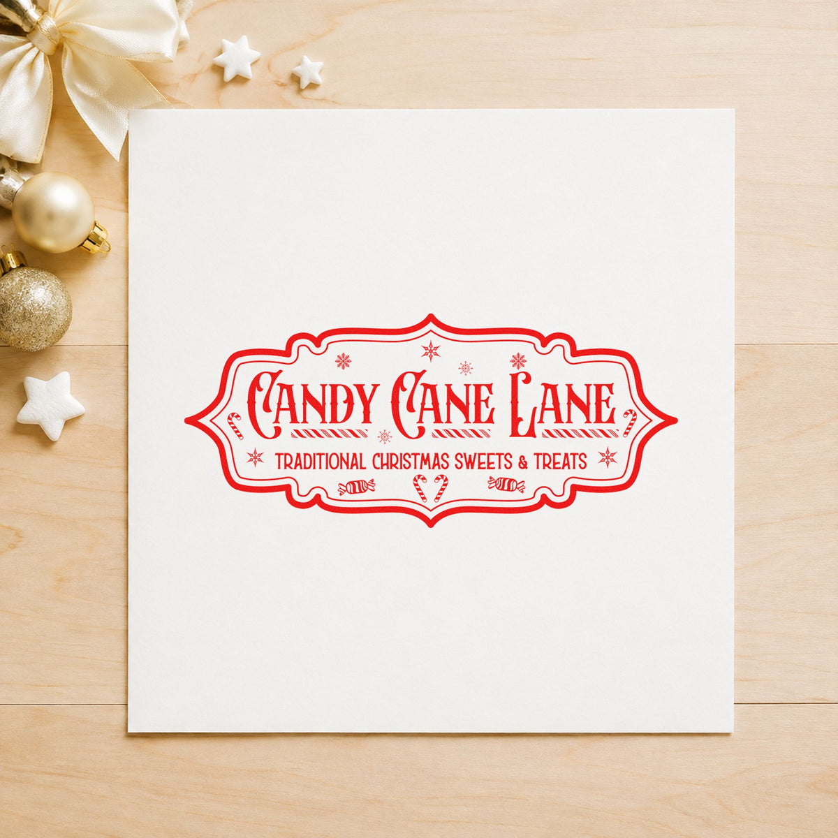 Candy Cane Lane Vintage Sign craft stamp in red ink on cardstock, an easy option for runner length printing.