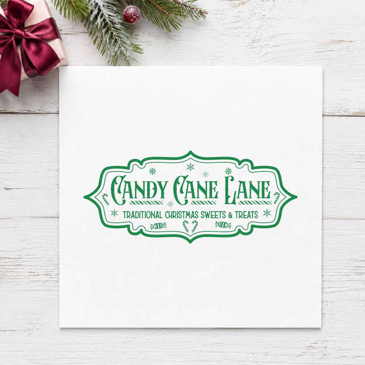 Candy Cane Lane Vintage Sign craft stamp imprinted in green ink on paper, a design suited to framed over doorway.