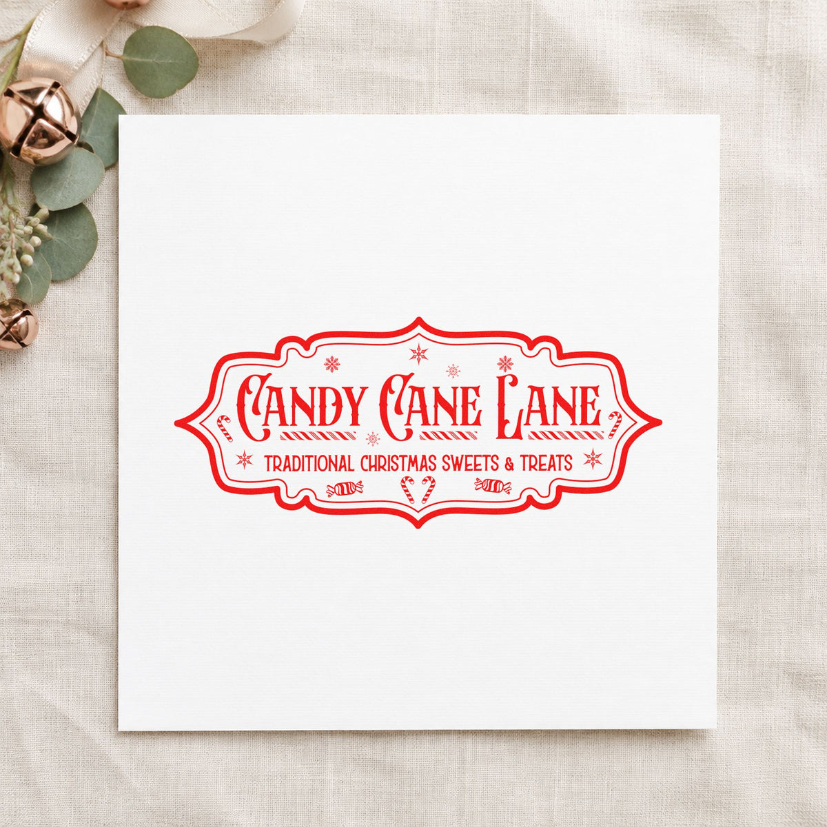 Candy Cane Lane Vintage Sign rubber stamp shown in red ink, stamped for projects such as shelf face labels.