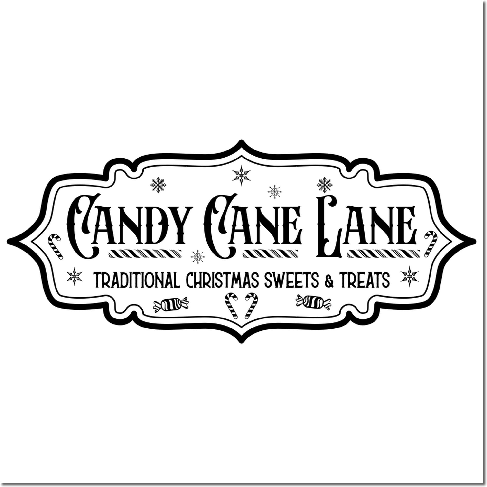 Candy Cane Lane Christmas rubber stamp design featuring traditional sweets, treats, candy canes and snowflakes