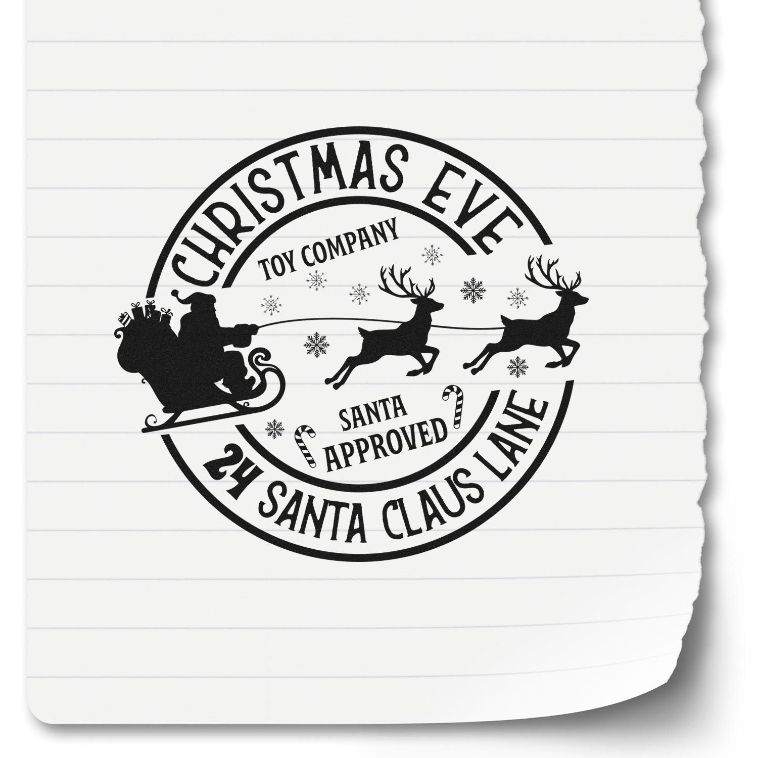 Christmas Eve rubber stamp design featuring Santa sleigh, reindeer, and Santa Approved holiday packaging text.