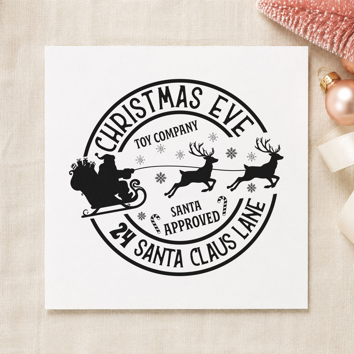Christmas Eve Toy Company rubber stamp printed in black ink, ready for build order sheet and similar paper crafts.