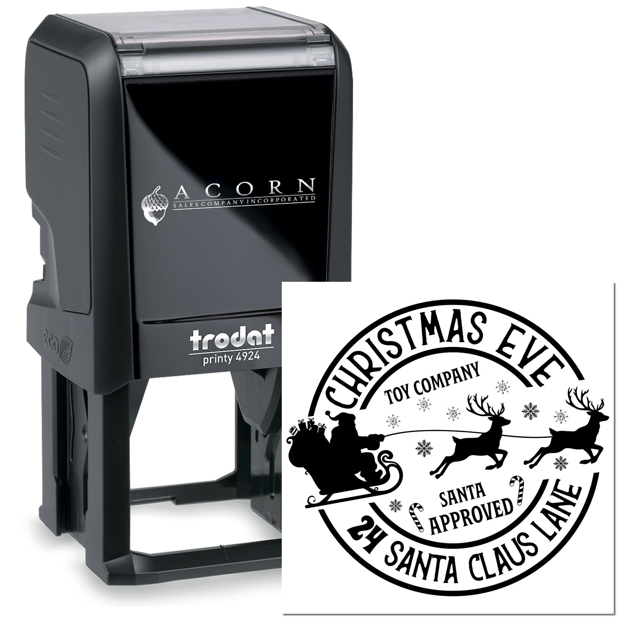 Trodat Printy 4924 self-inking rubber stamp with custom Christmas Eve Santa Claus design for holiday packaging and branding.