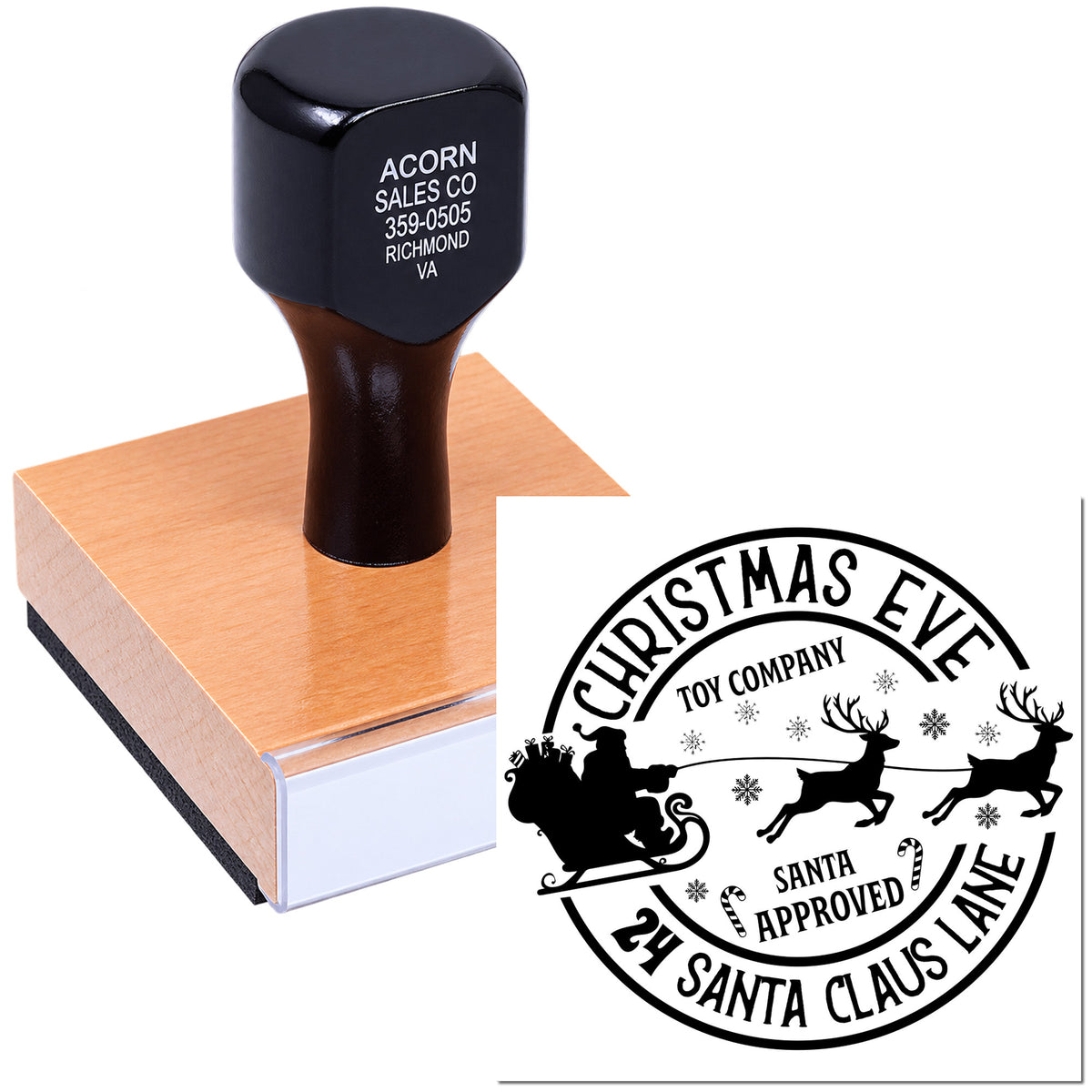 Custom rubber stamp with Christmas Eve Santa-approved design proof for personalized holiday stamping.