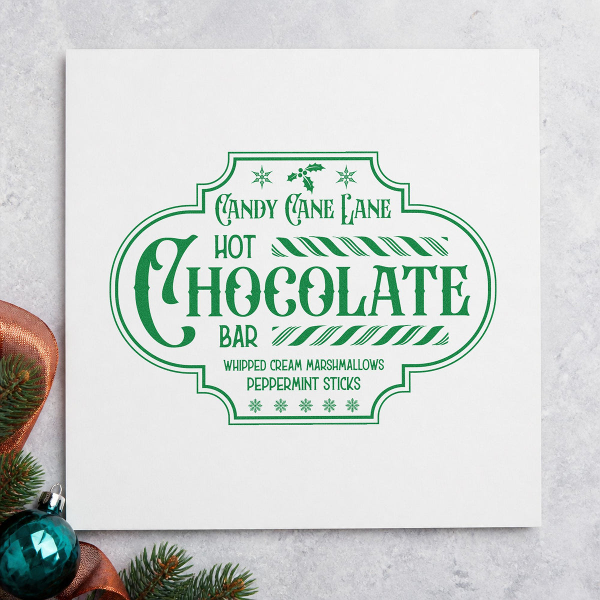 Candy Cane Lane Chocolate Bar craft stamp in green ink on cardstock, an easy option for bar setup album.