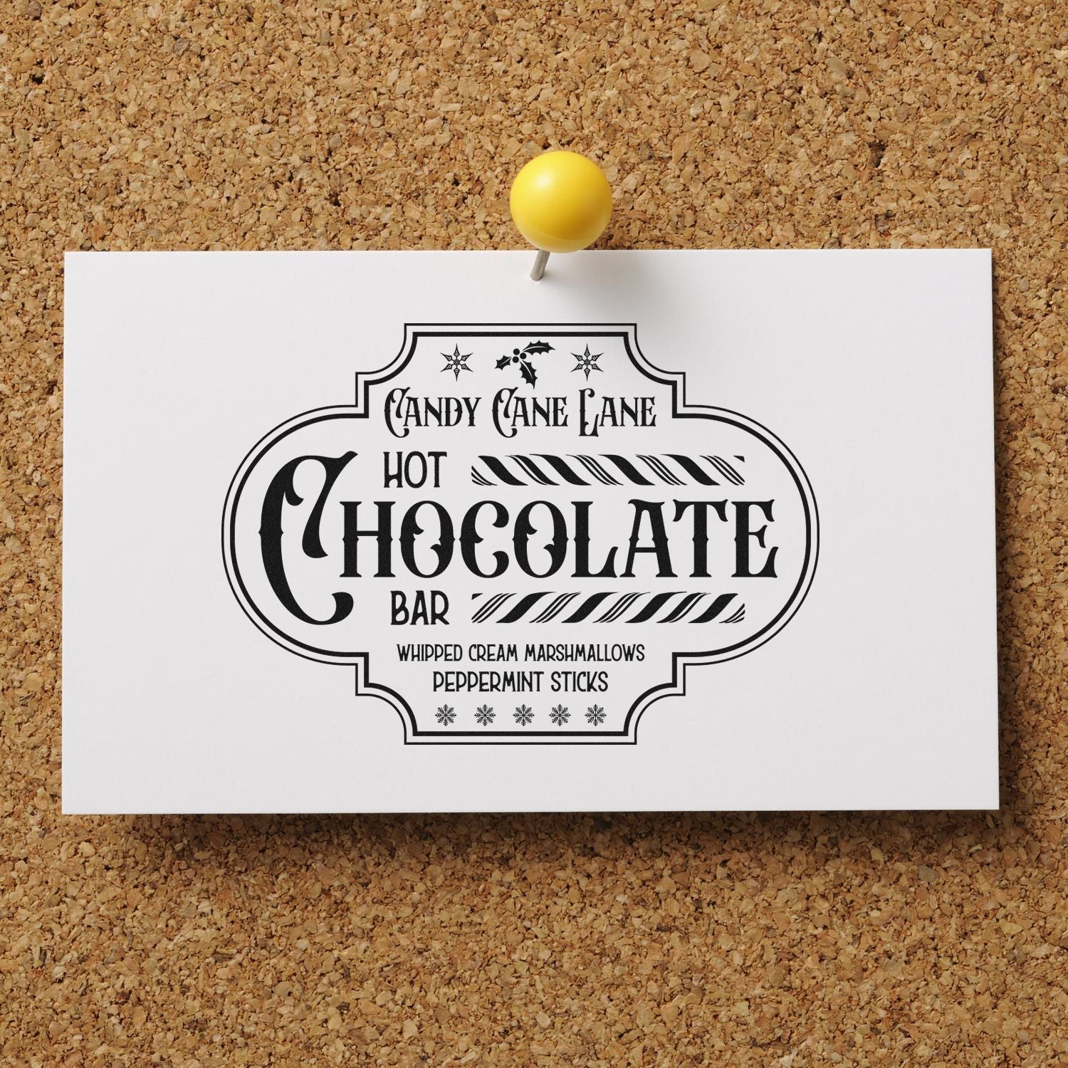 Hot chocolate bar rubber stamp design with Candy Cane Lane text, perfect for holiday cocoa station labels and Christmas crafts.