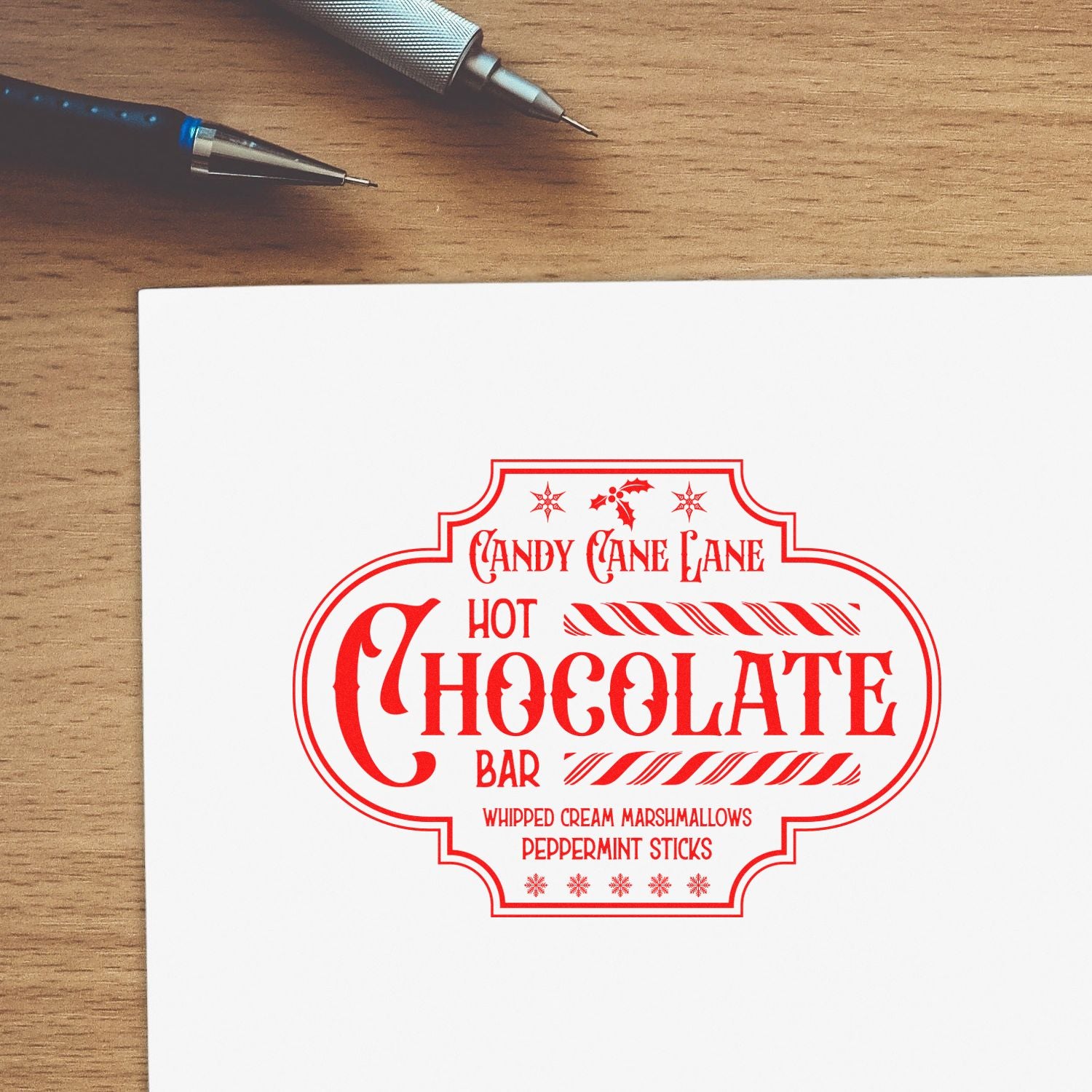Holiday rubber stamp design for a Candy Cane Lane hot chocolate bar, featuring peppermint sticks, whipped cream, and marshmallows.