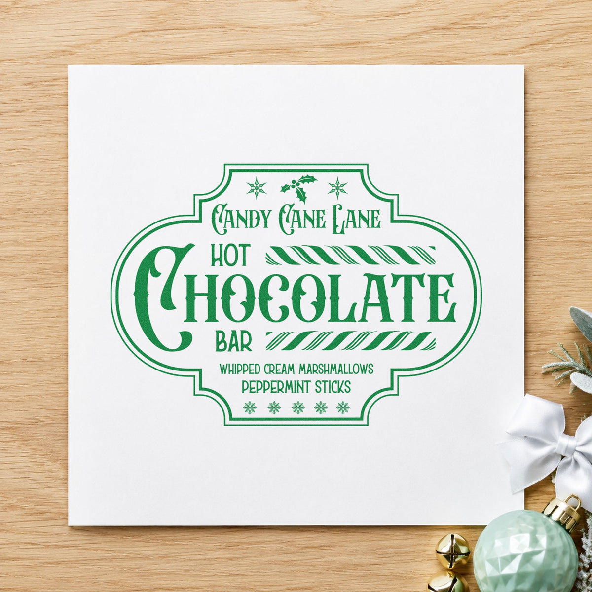 Candy Cane Lane Chocolate Bar craft stamp imprint in green ink on a handmade project, one idea being step guide cards.