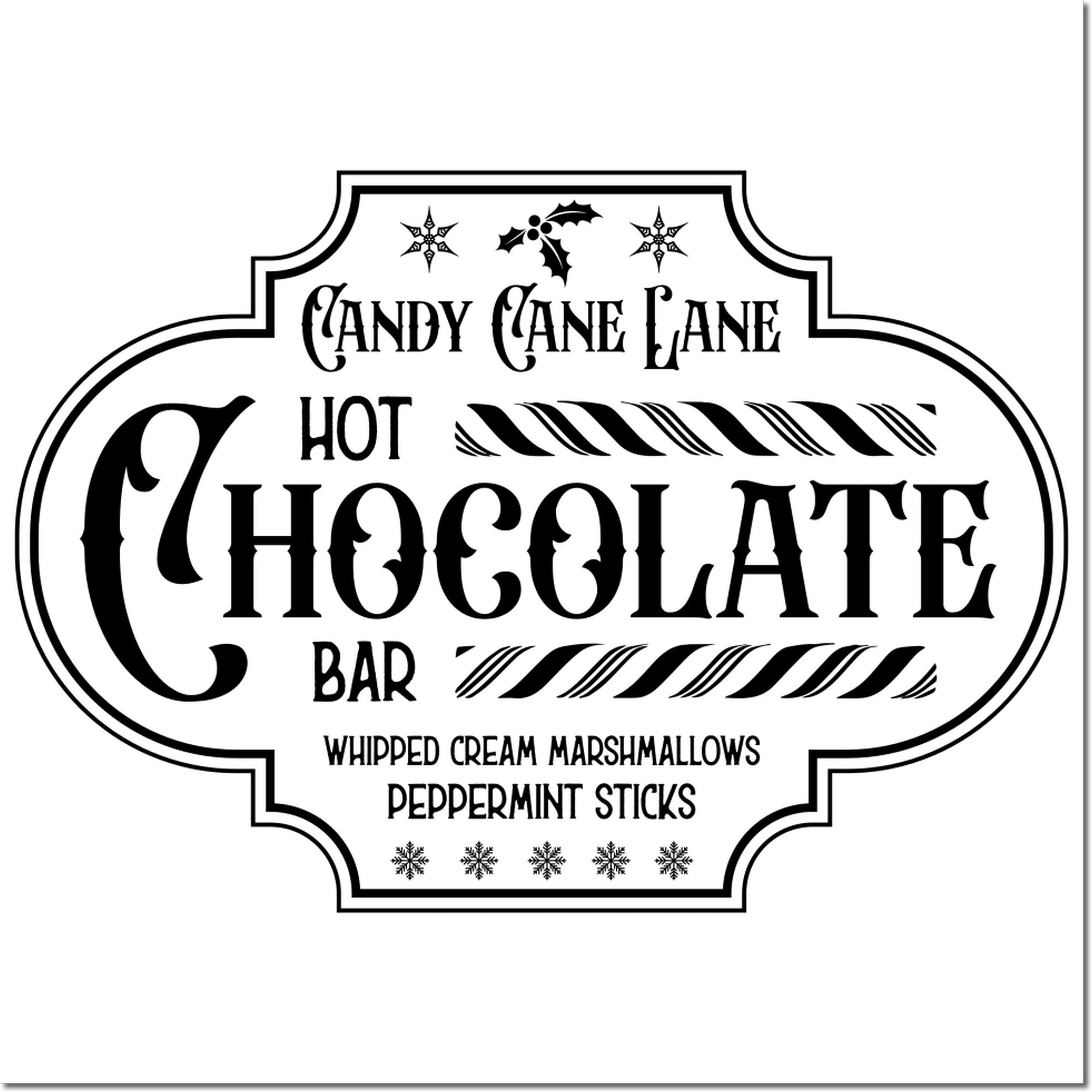 Christmas rubber stamp design for Candy Cane Lane hot chocolate bar sign with peppermint, marshmallows and festive border.