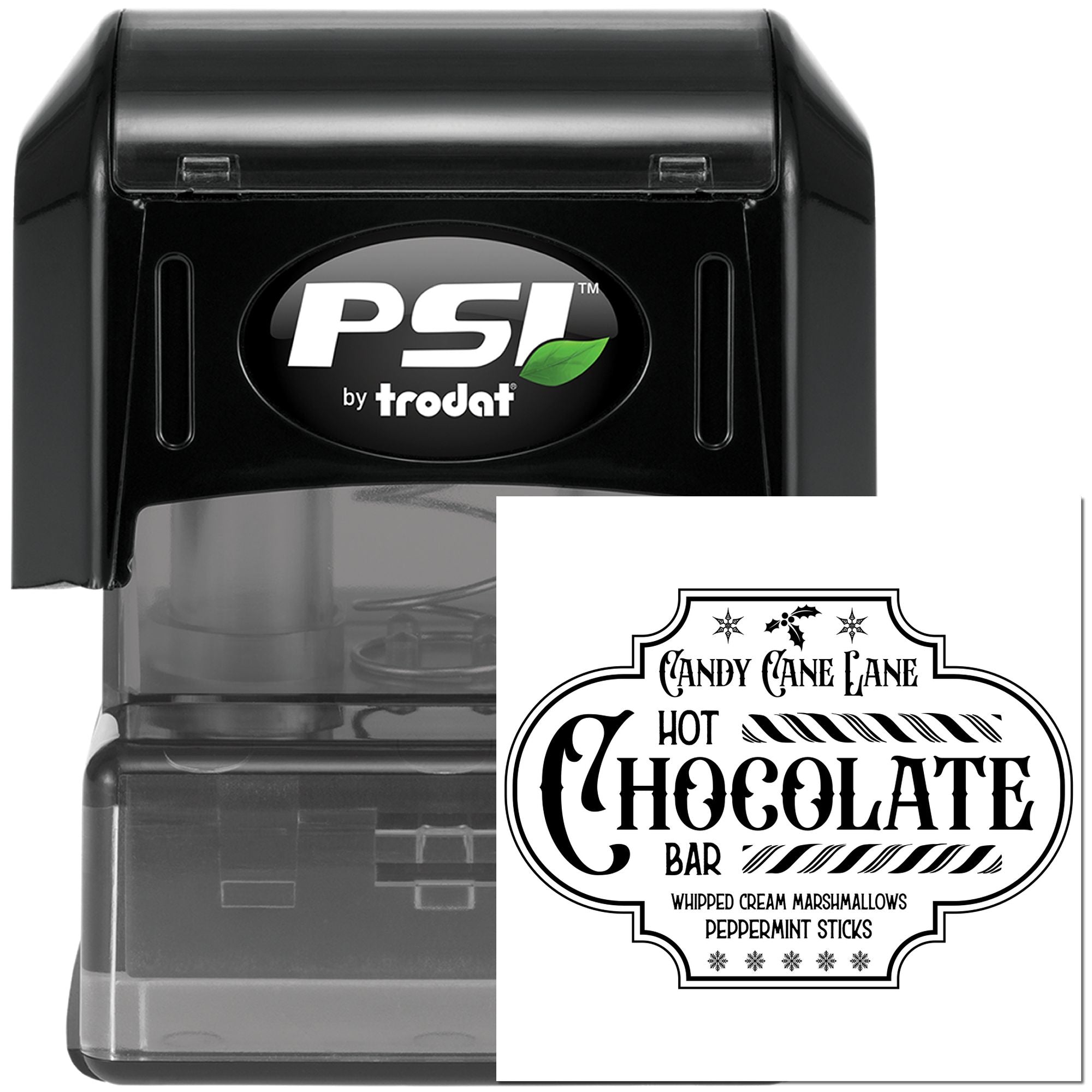 PSI by Trodat self-inking rubber stamp with custom Hot Chocolate Bar design for Candy Cane Lane holiday labels.