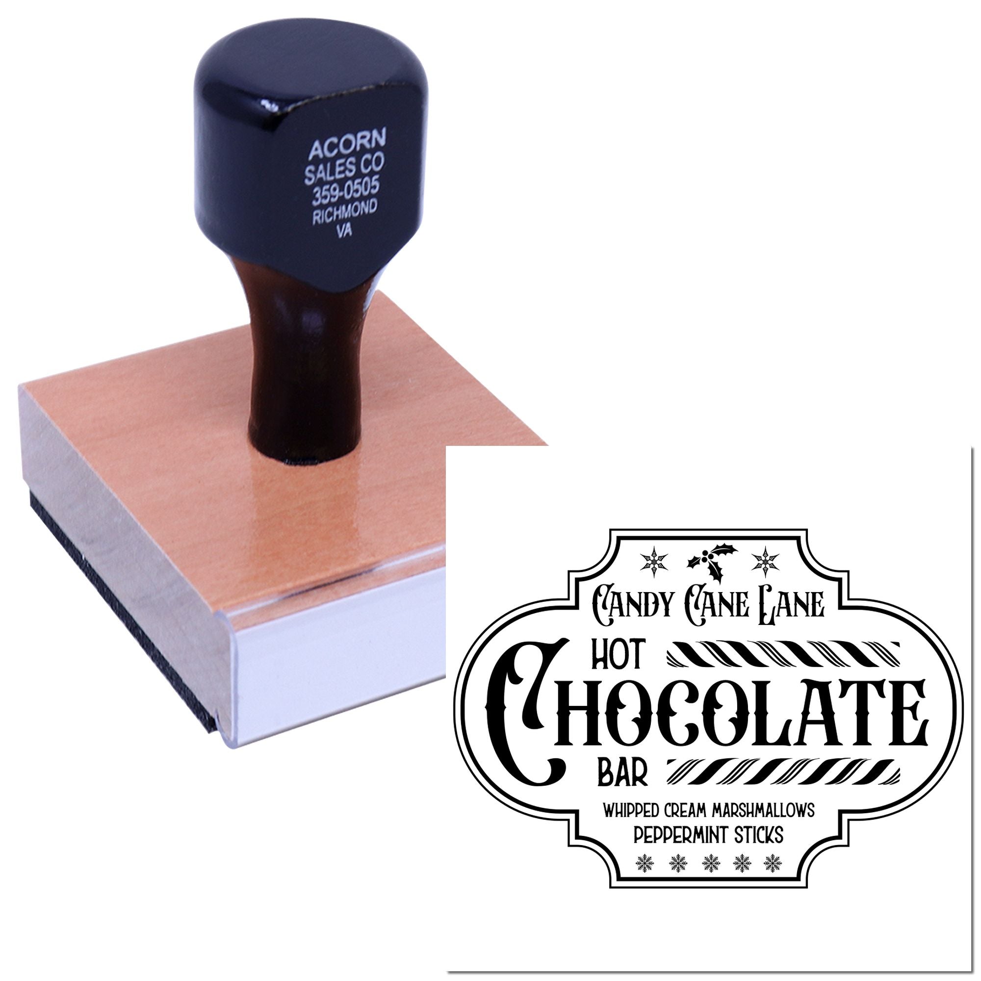 Custom rubber stamp for hot chocolate bar packaging with Candy Cane Lane holiday design and festive lettering.
