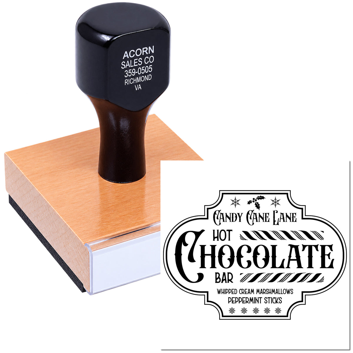 Custom rubber stamp for hot chocolate bar packaging with Candy Cane Lane holiday design and festive lettering.