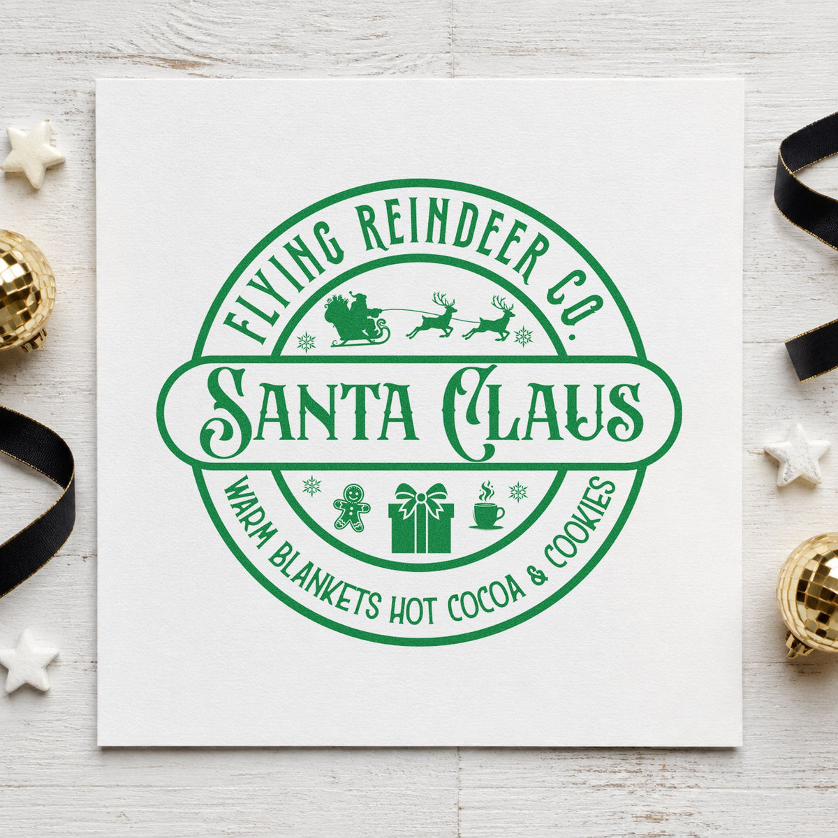 Flying Reindeer Santa Claus Badge craft stamp in green ink on cardstock, an easy option for service album page.